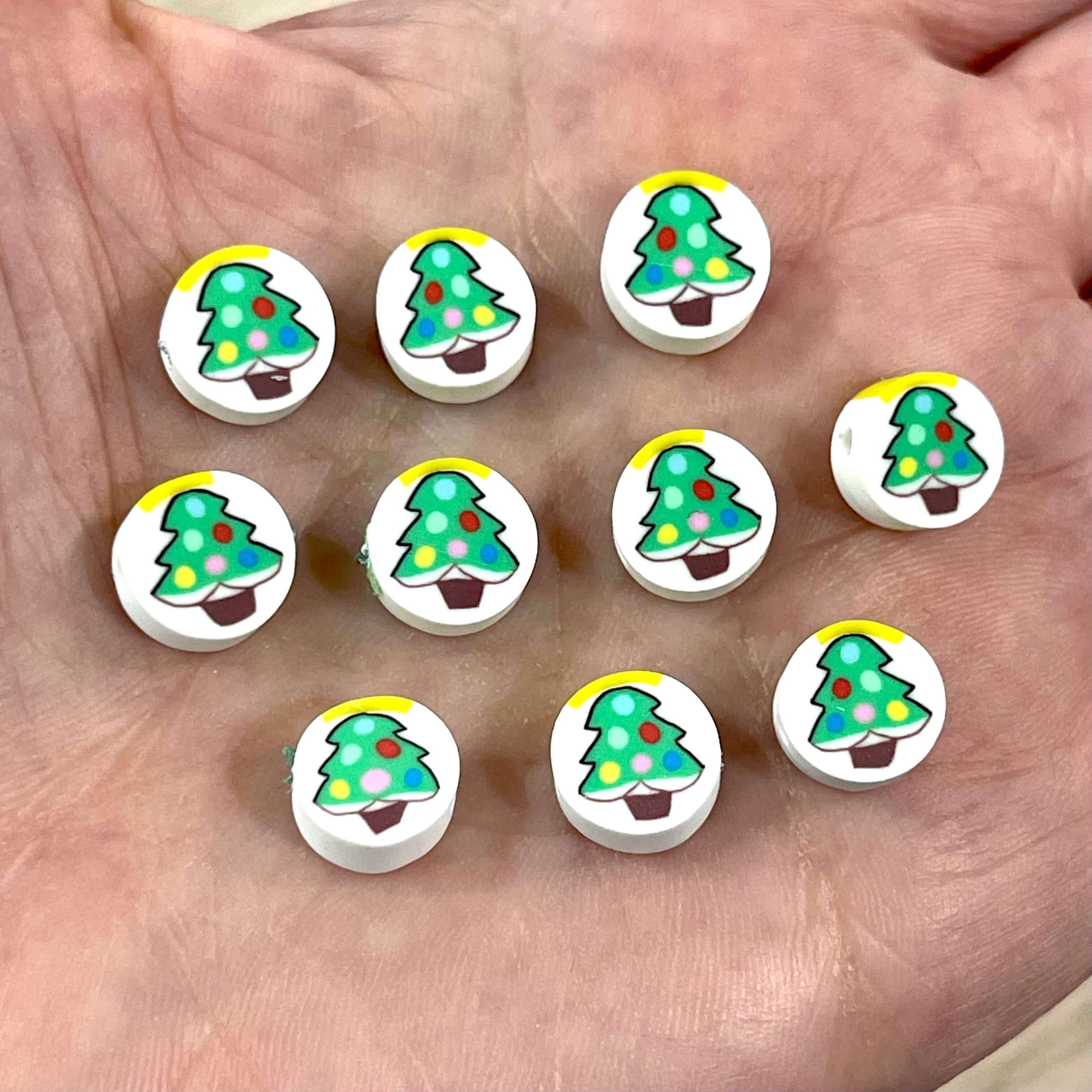 10mm Polymer Clay Christmas Tree Round Beads,10 Beads in a Pack