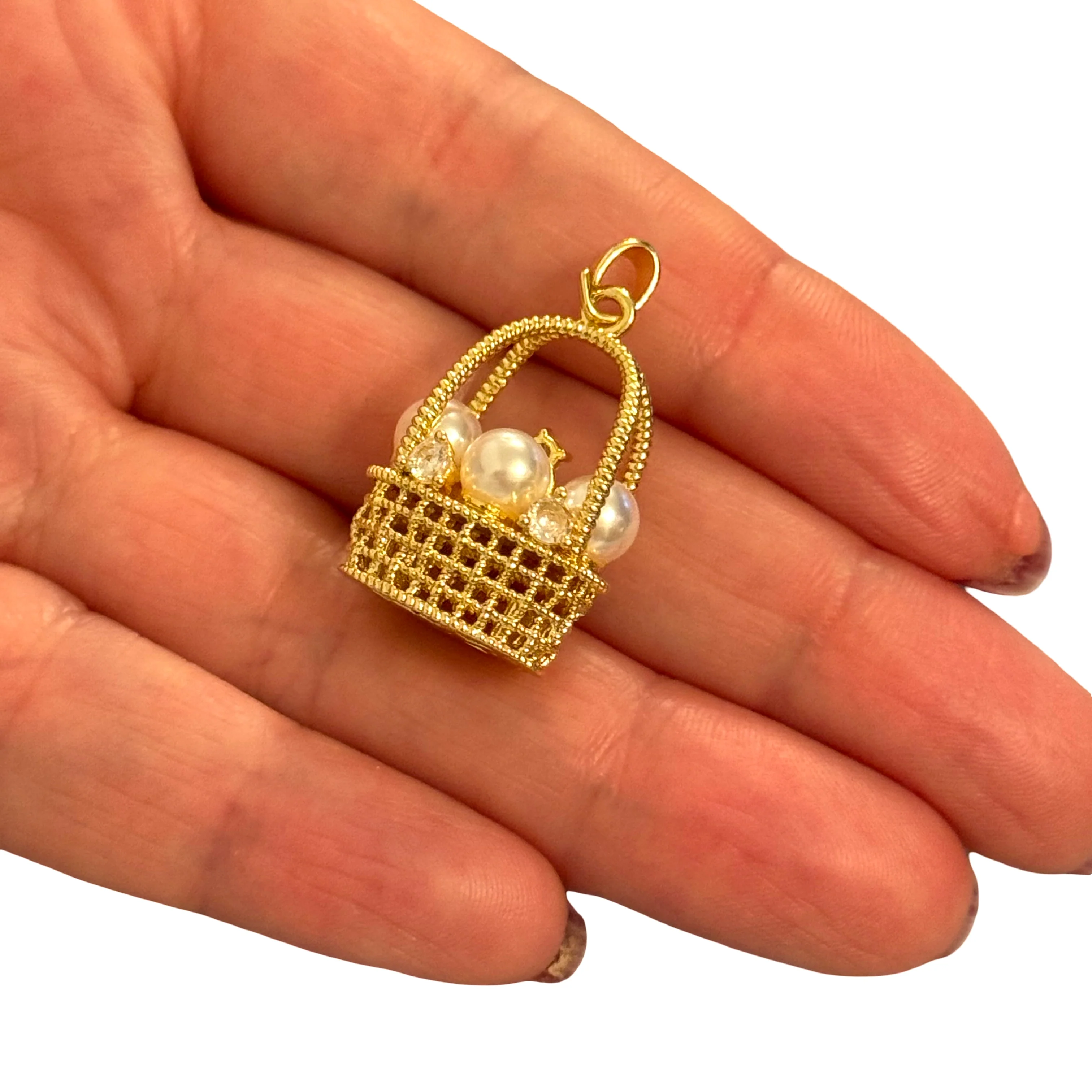 24K Gold Plated Brass Pearl Basket Charm – 3D - Image 3