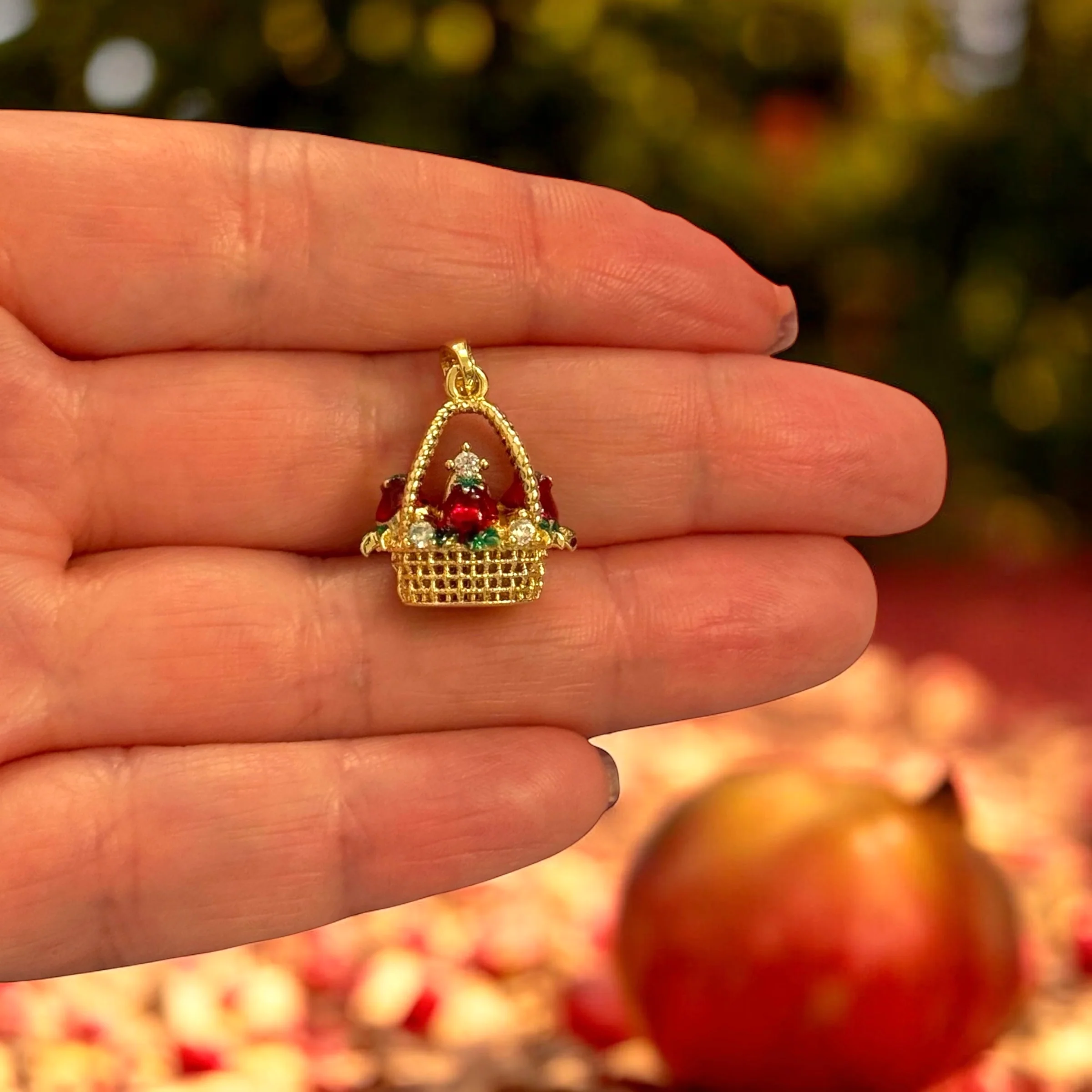 24K Gold Plated Brass Pomegranate Basket Charm – 3D