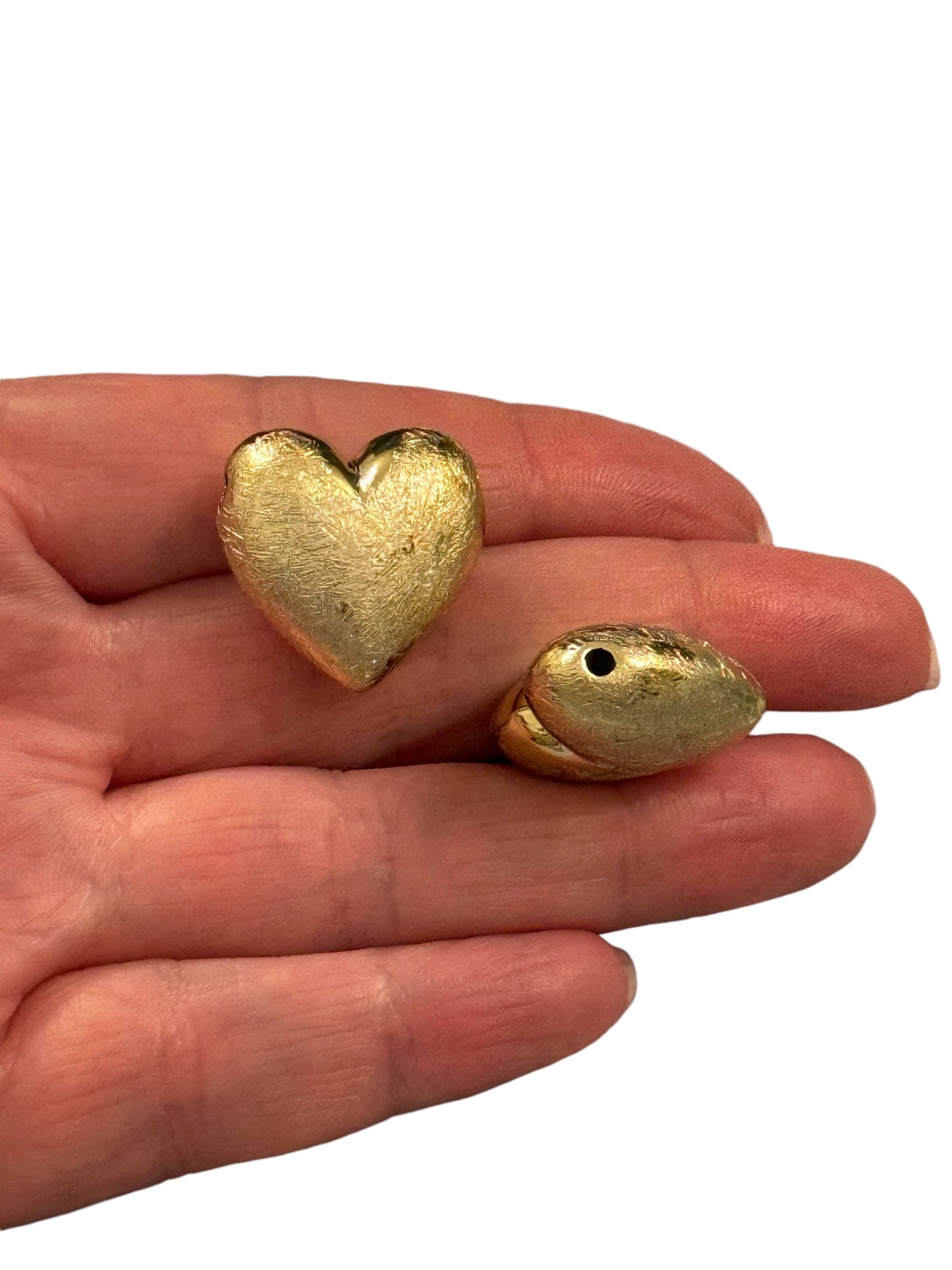 24Kt Gold Plated 22mm Brushed Finish Puffy Heart Charms, Gold Heart Charms with 2mm Horizontal Hole, 2 pcs in a pack - Image 2