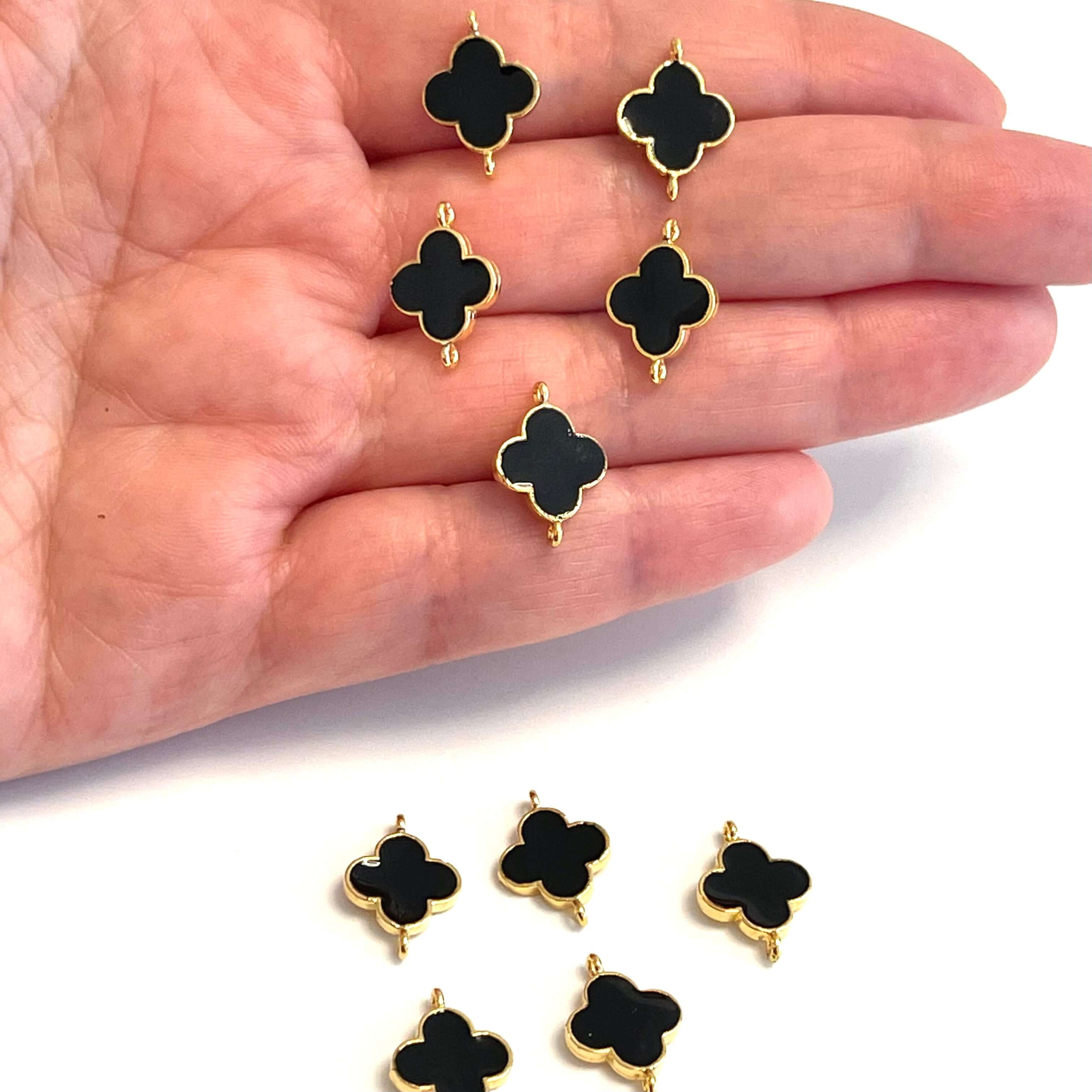 24Kt Gold Plated Black Enamelled Clover Connector Double Loop Charms, 5 pcs in a Pack