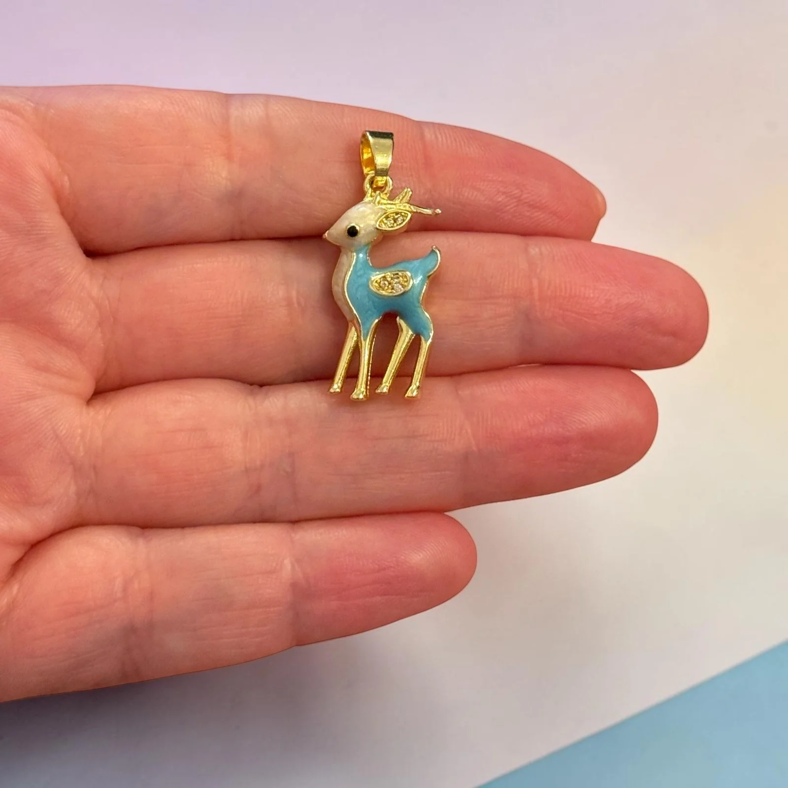 24Kt Gold Plated Blue Deer Pendant – Blue Enamel & CZ Fawn Charm, 32x13mm