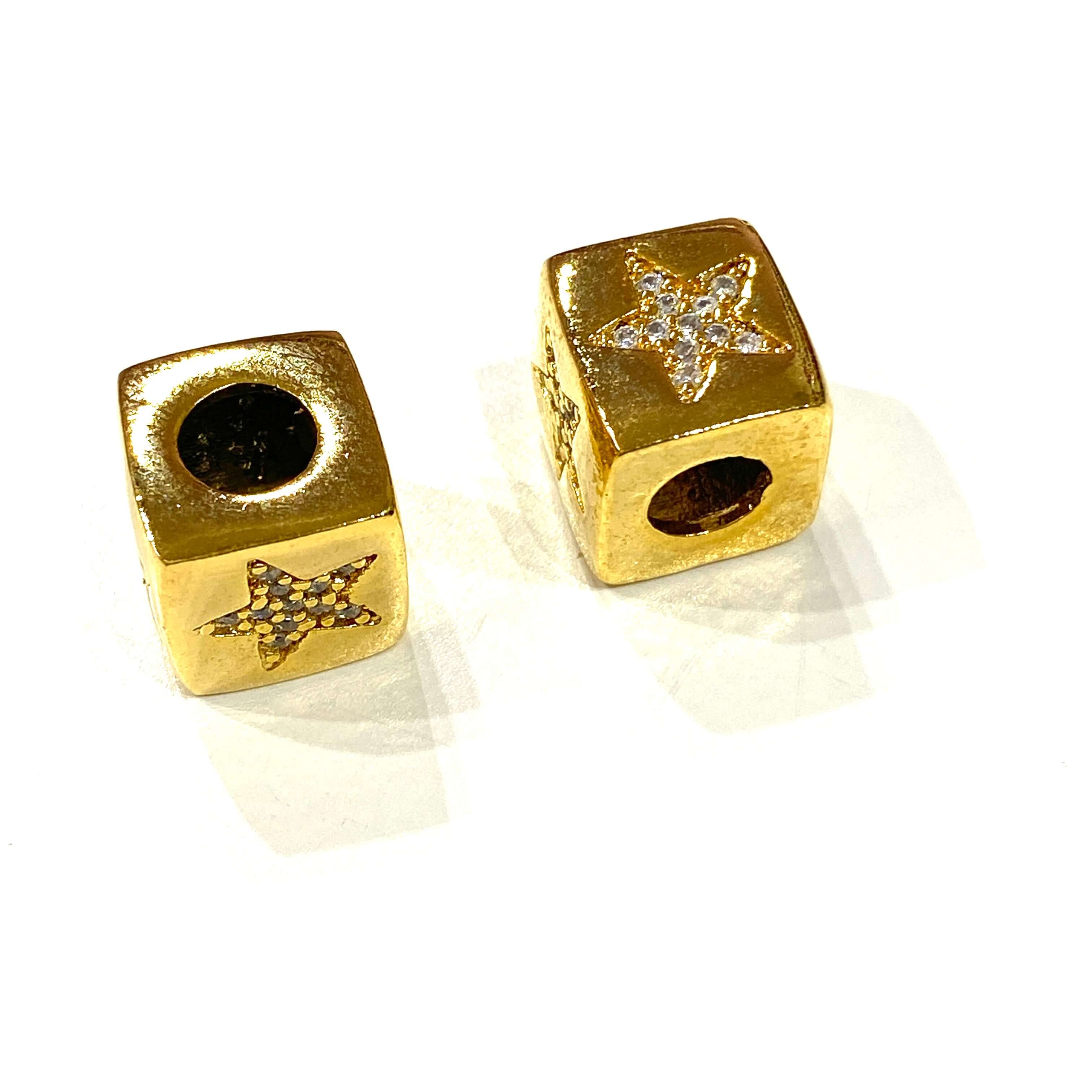 24Kt Gold Plated Brass 10mm Star 4 Sided Micro Pave Spacer Charm, Large Hole Pandora Star Gold Spacer - Image 2