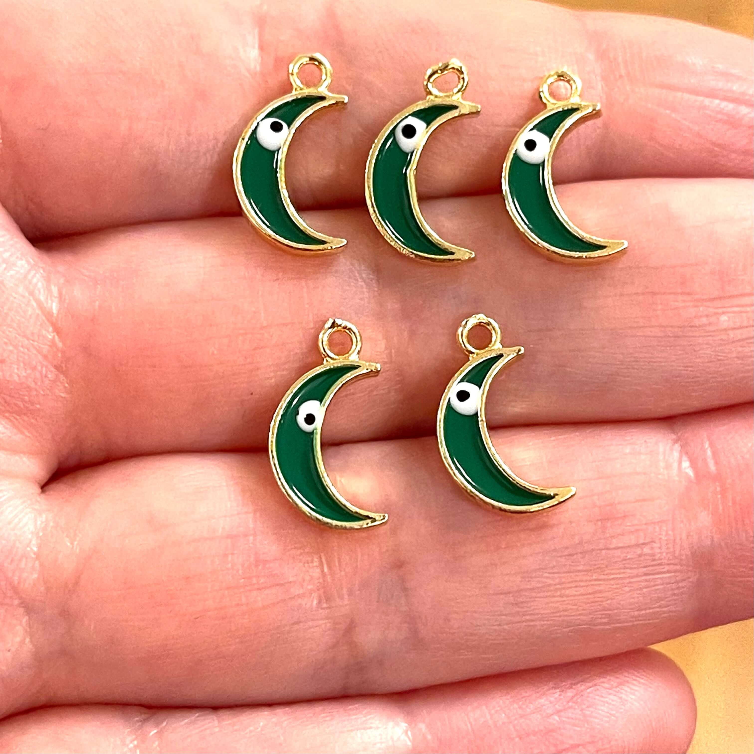 24Kt Gold Plated Brass Crescent Charms With Eye, Gold Plated Green Crescent Enamelled Charms, 5 pcs in a pack