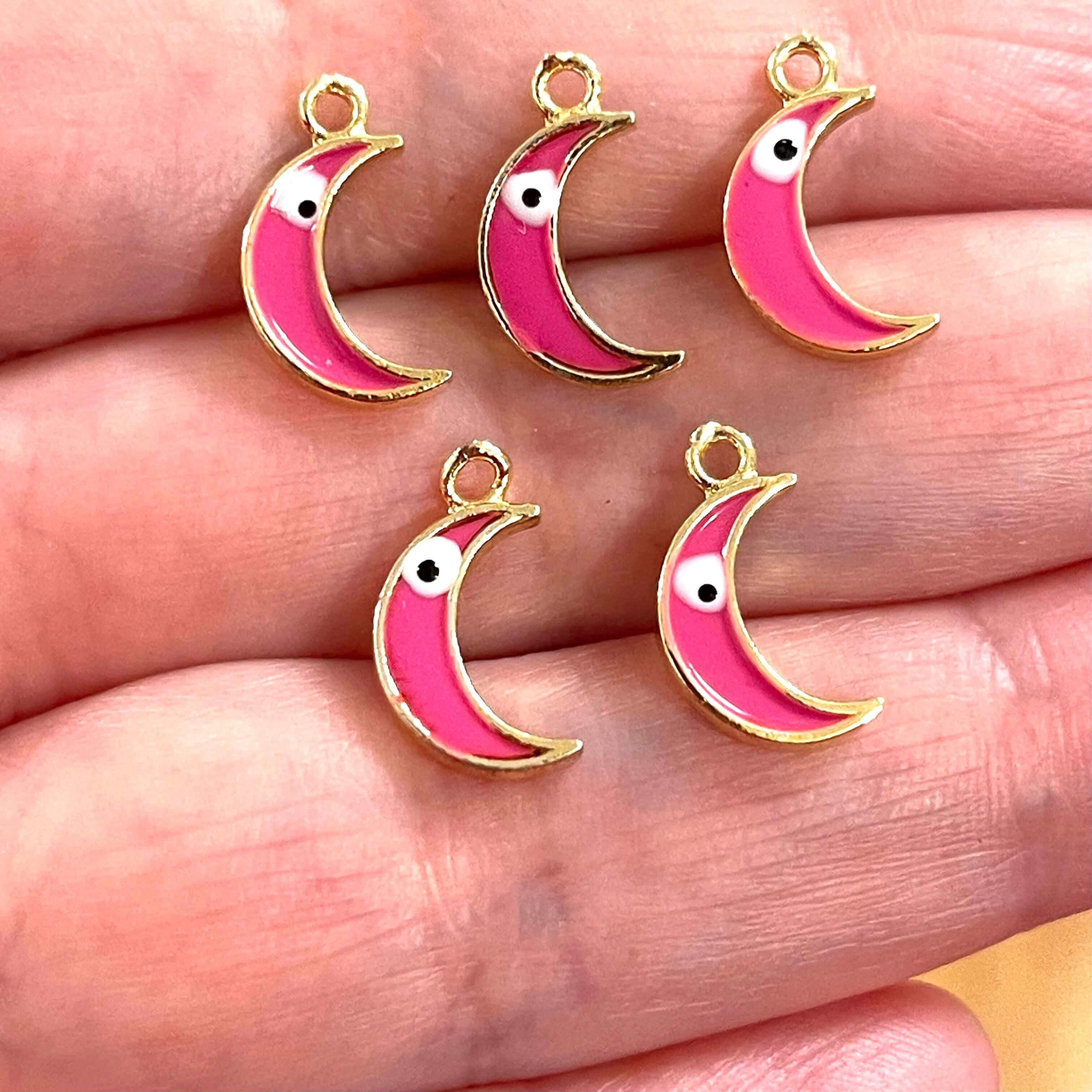 24Kt Gold Plated Brass Crescent Charms With Eye, Gold Plated Pink Crescent Enamelled Charms, 5 pcs in a pack