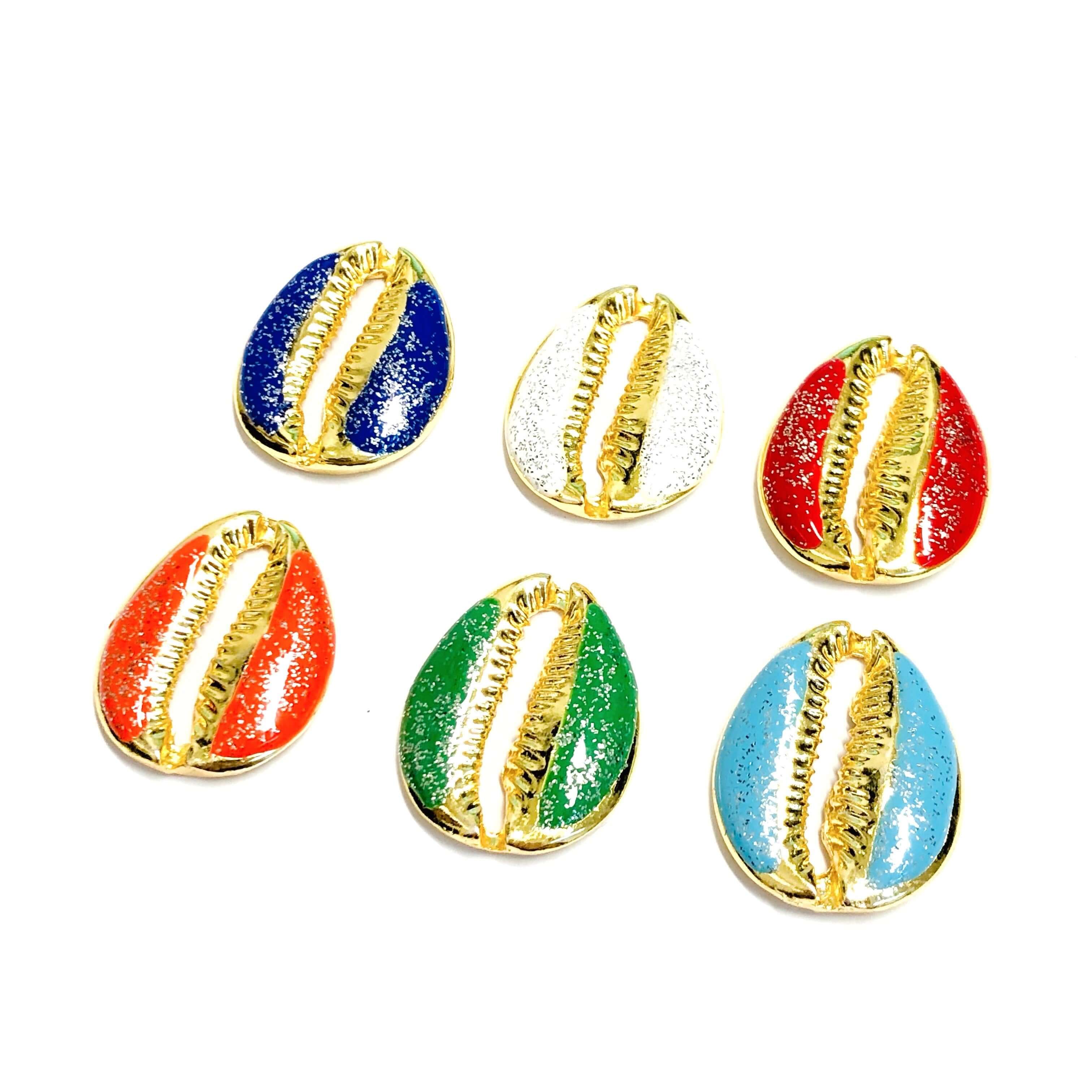 24Kt Gold Plated Brass Glitter Green Enamelled Cowrie Charm, 30x24mm - Image 3