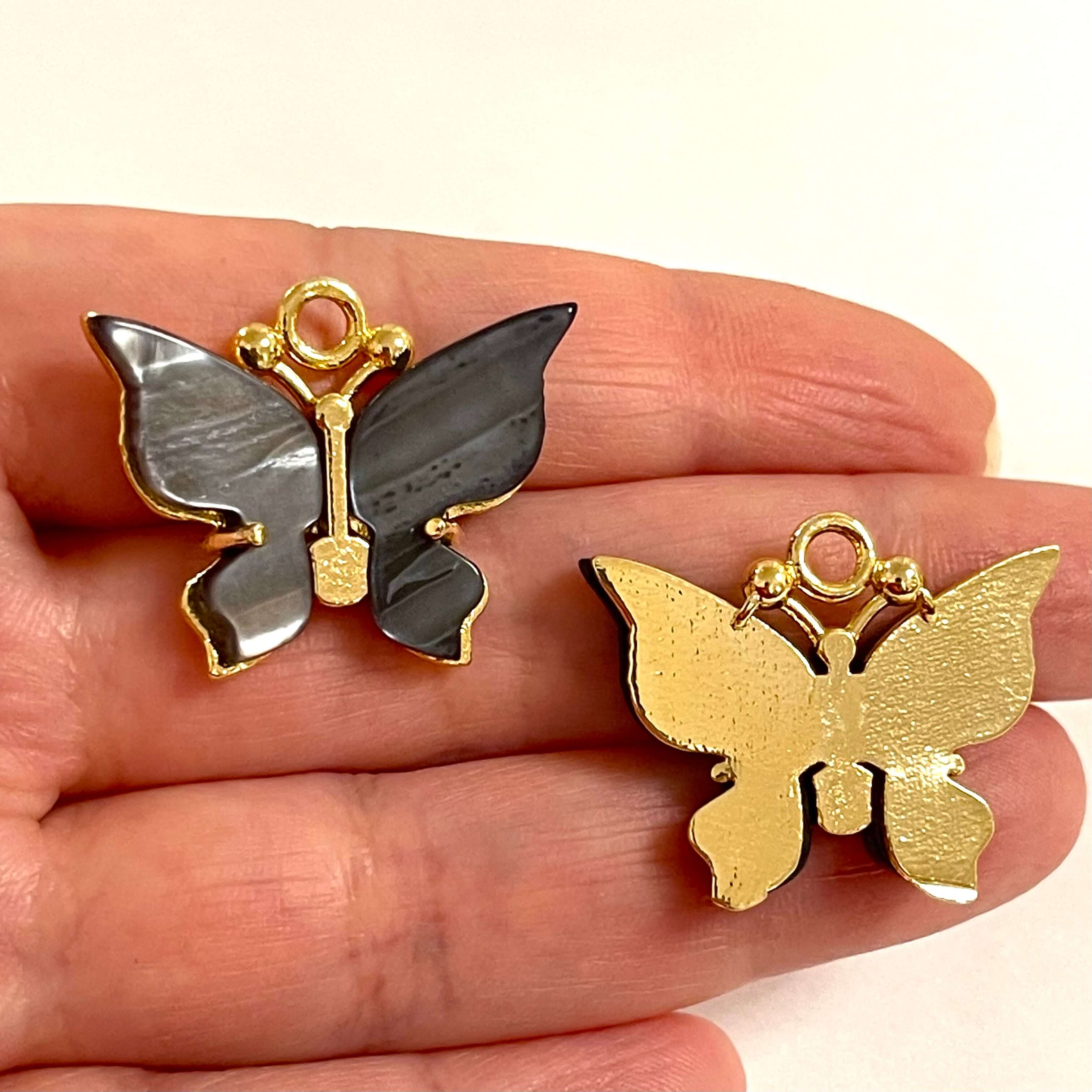 24Kt Gold Plated Brass Hand Made Smoky Grey Resin Butterfly Charms, 29x23mm