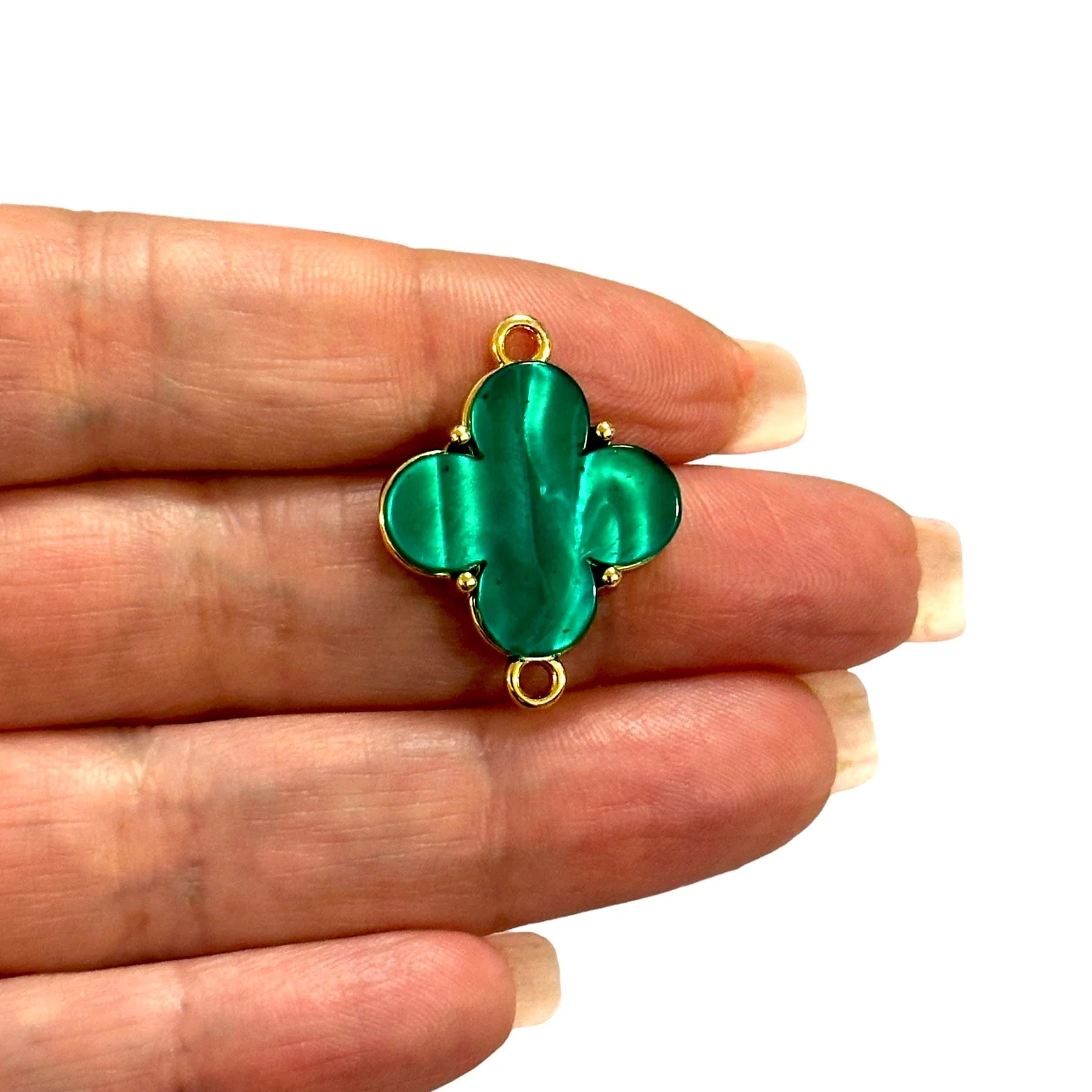 24Kt Gold Plated Brass&Hand Made Resin Green Clover Double Loop Connector Charm