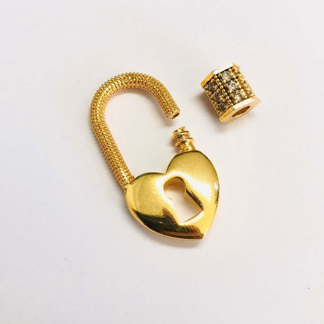 24Kt Gold Plated Brass Heart Lock Screw Clasp, Micro Pave Heart Lock Screw Clasp - Image 3