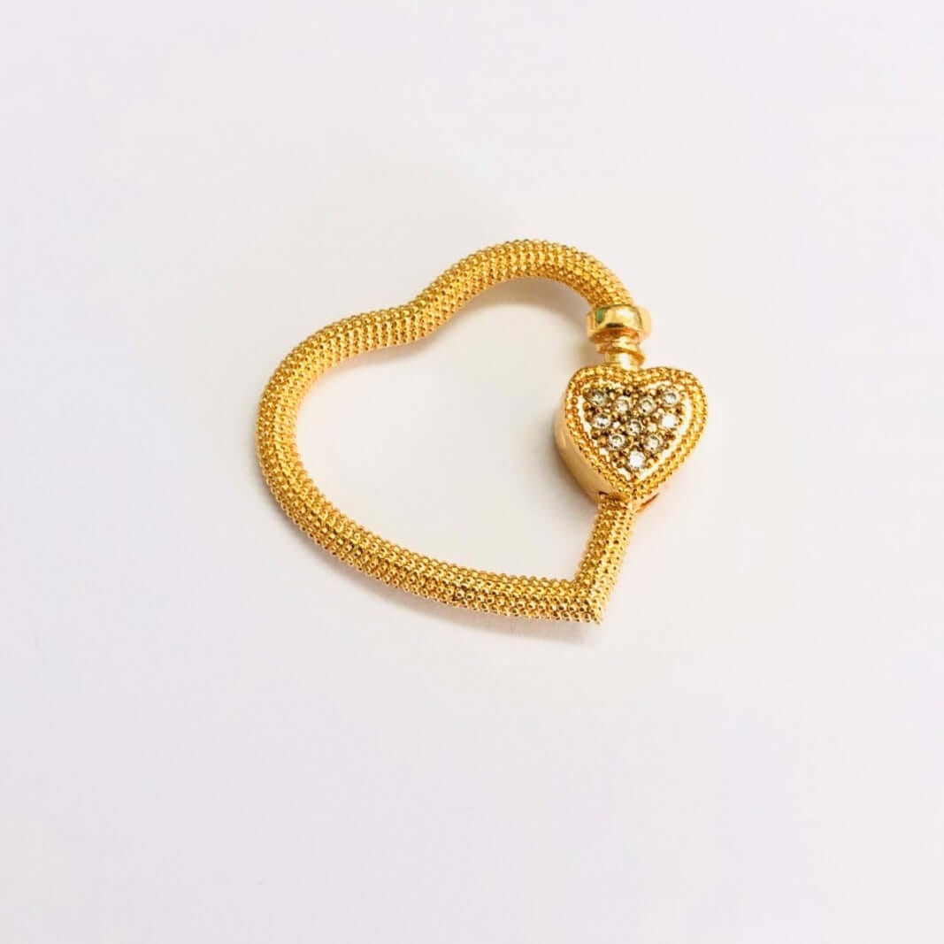24Kt Gold Plated Brass Heart Screw Clasp, Micro Pave Heart Screw Clasp - Image 2