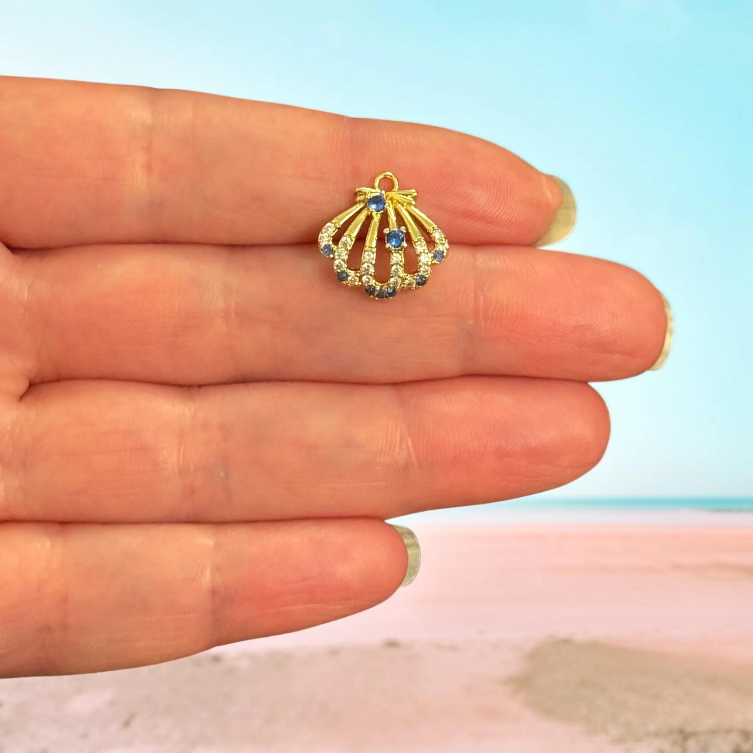 24Kt Gold Plated Brass Scallop Shell Charm with Blue & Clear Cubic Zirconia, Beach Jewellery Pendant