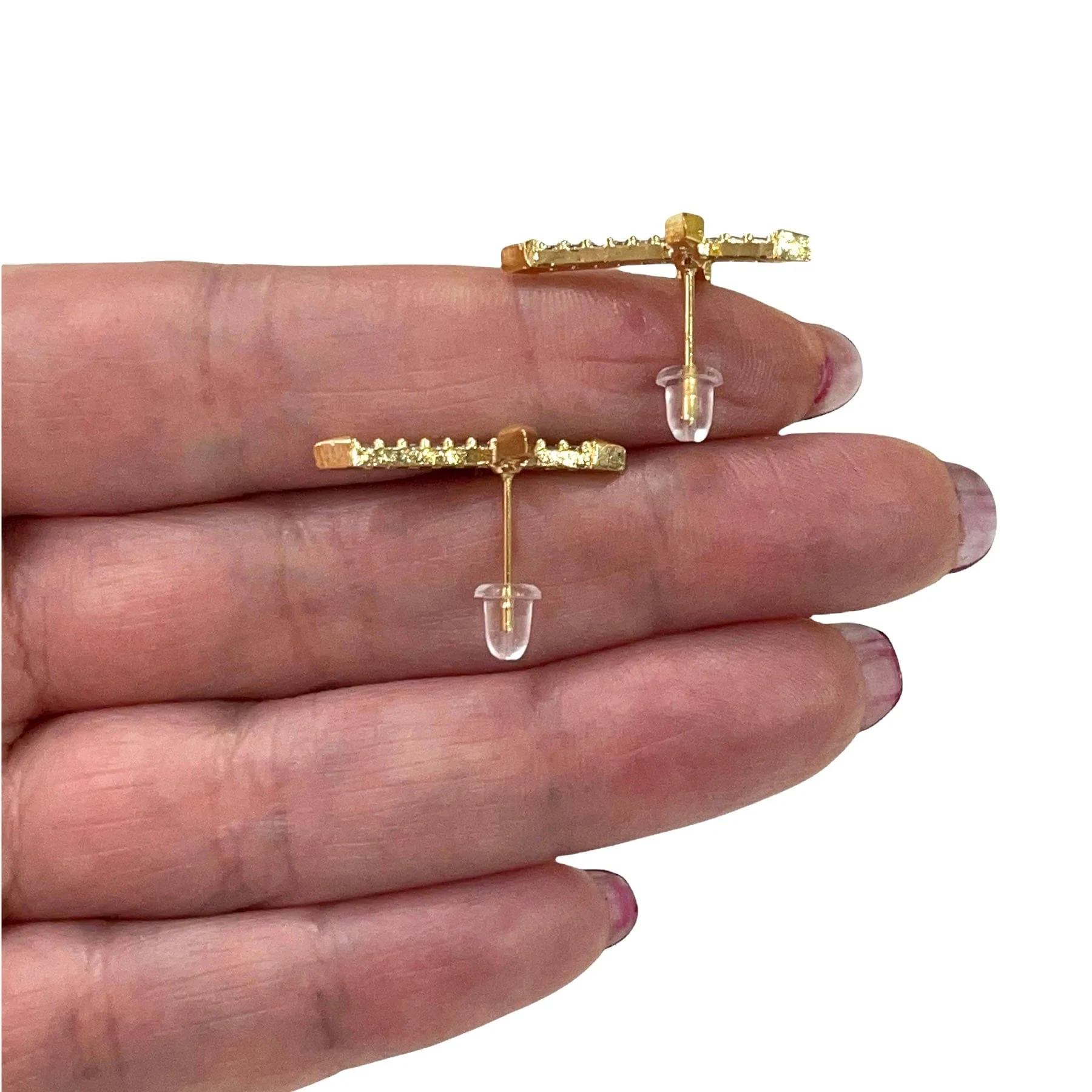 24Kt Gold Plated CZ Micro Pave Cross Stud Earrings, Rubber Earring Backs Included - Image 2