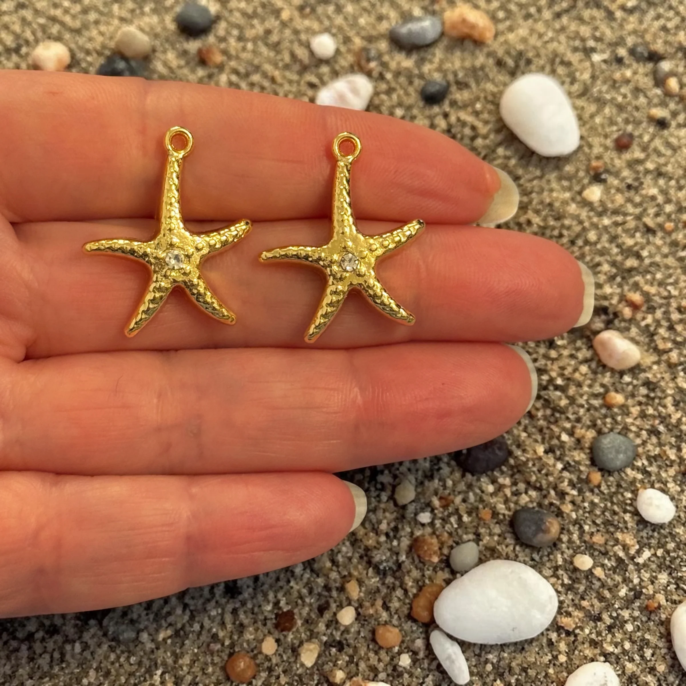 24Kt Gold Plated CZ Starfish Charms, Sparkly Nautical Pendants, Earring Pair