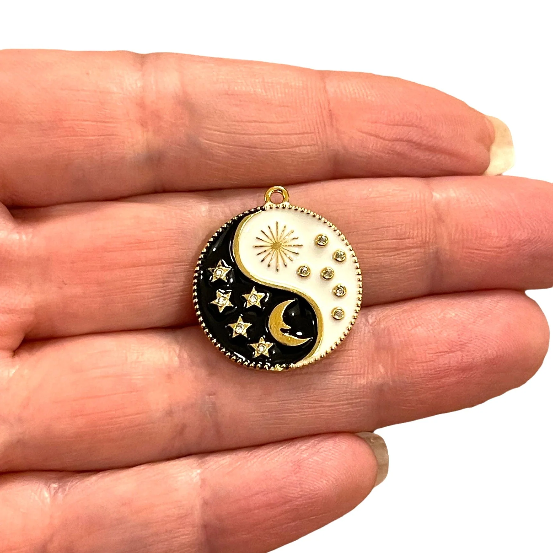 24Kt Gold Plated Day&Night Enamelled Charm, Black and White Yin Yang Charm With CZ Micro pave