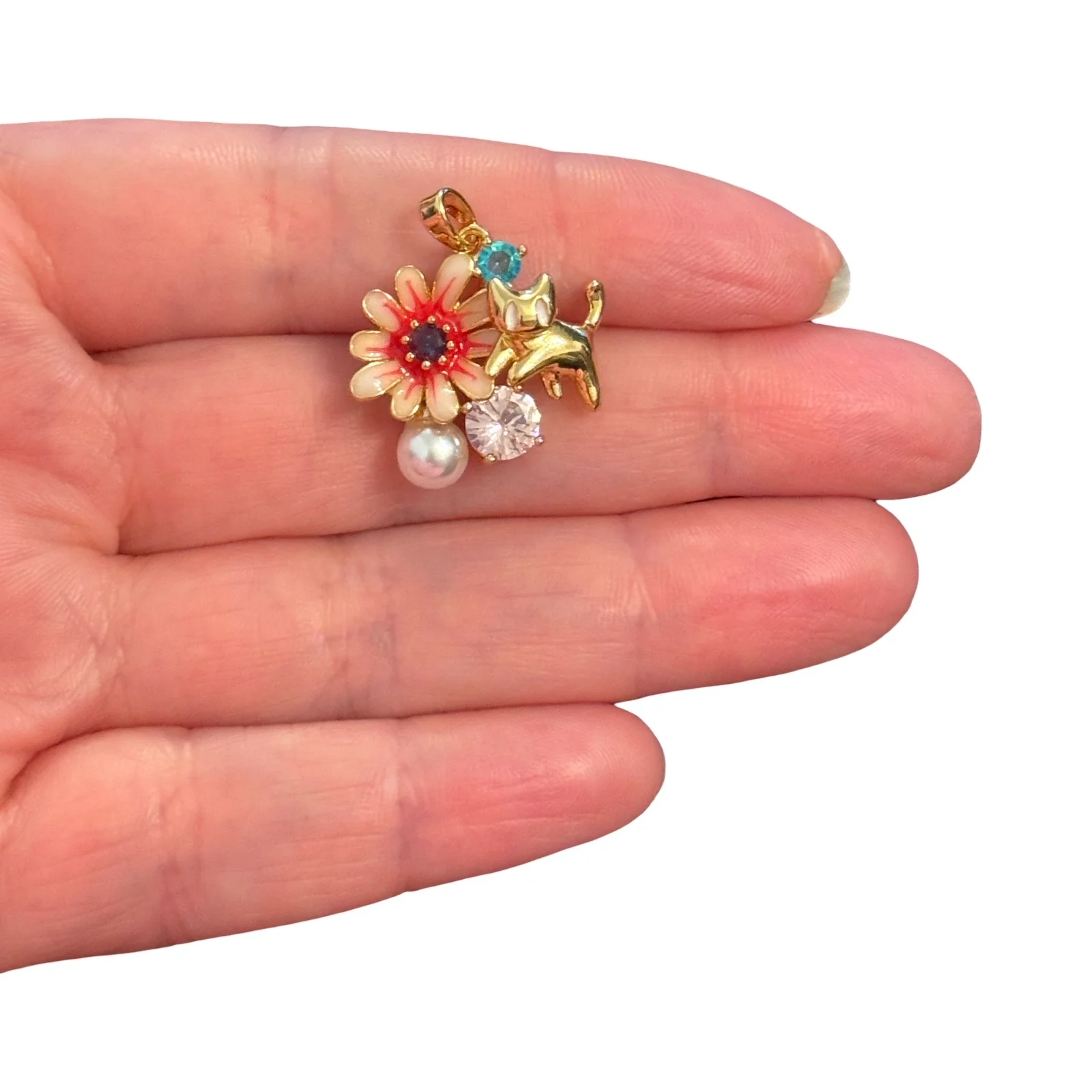 24Kt Gold Plated Enamel Cat & Daisy Pendant with Pearl and CZ – Red Floral Charm Pendant