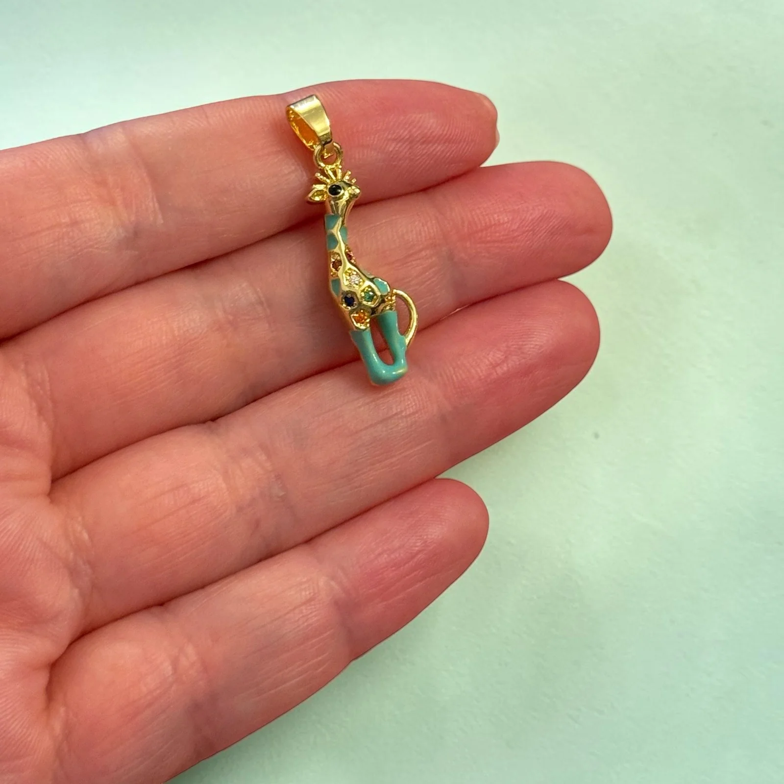 24Kt Gold Plated Enamel Giraffe Pendant – Blue Giraffe Charm with CZ, Animal Pendant, 33x8mm