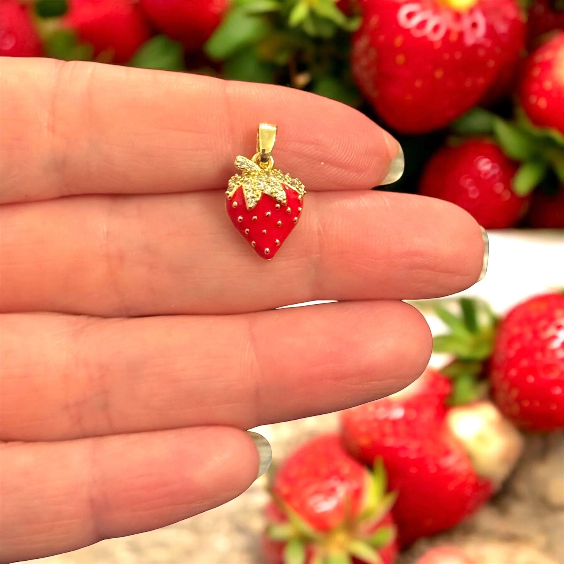 24Kt Gold Plated Enamel Strawberry Pendant with CZ Leaf and 24Kt Gold Plated Bail
