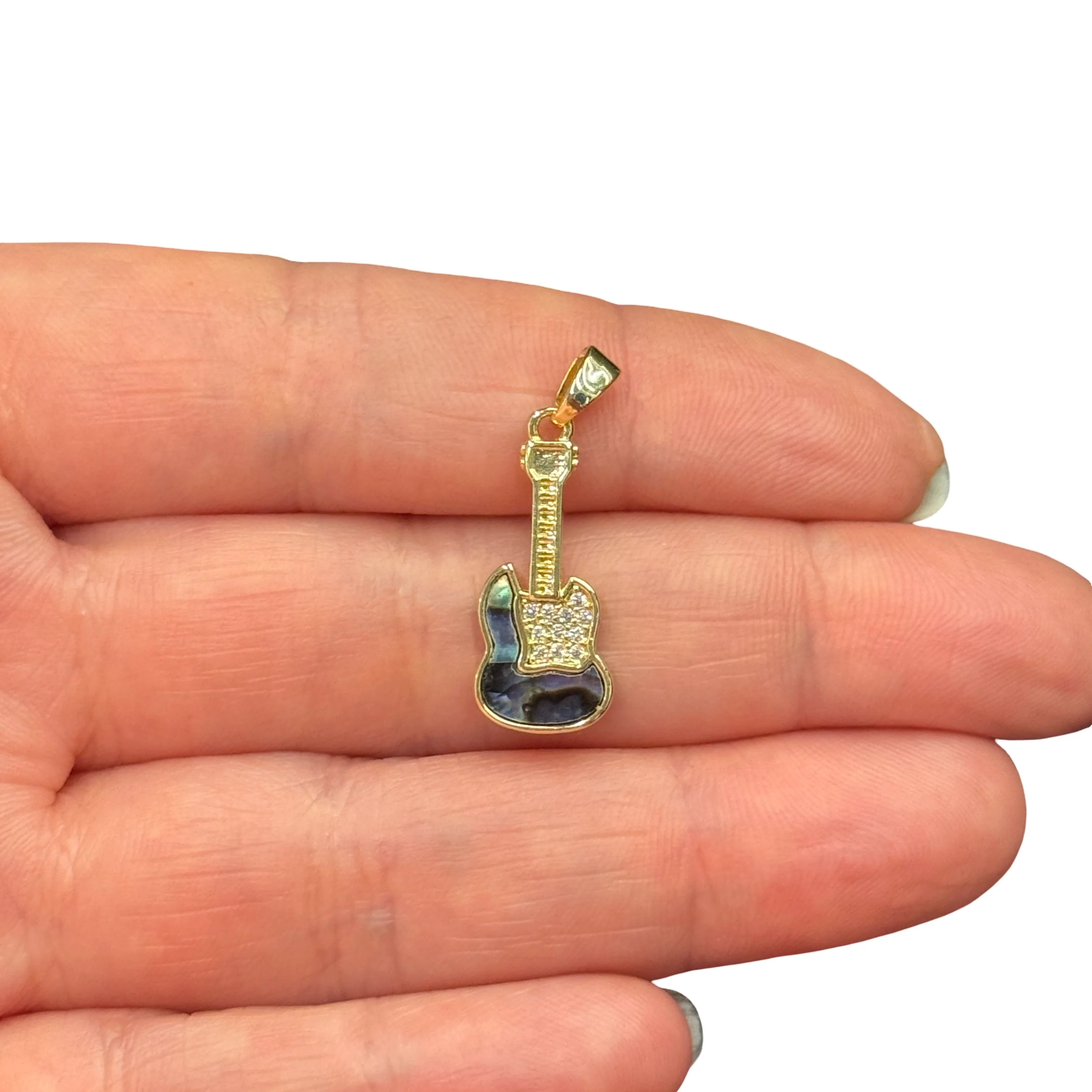 24Kt Gold Plated Guitar Pendant with Abalone Shell & CZ β Music Charm, Shell Guitar Pendant