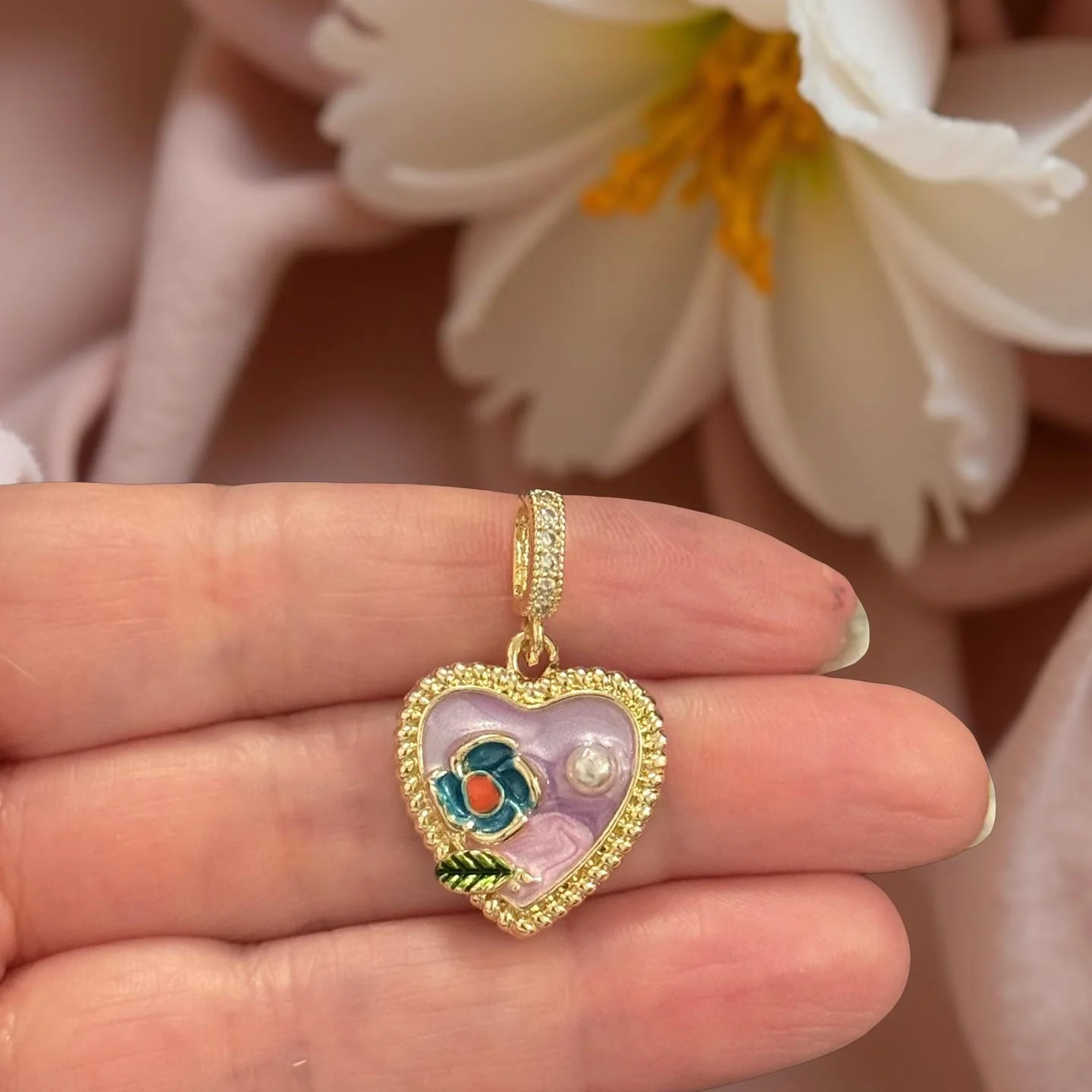 24Kt Gold Plated Heart Floral Enamel Pendant with Pearl & CZ Pavé Bail