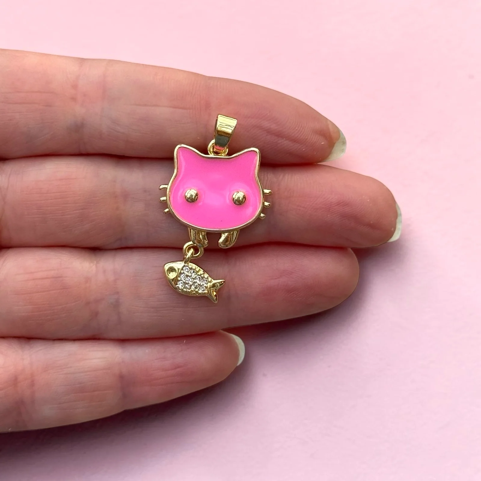 24Kt Gold Plated Hot Pink Enamel Cat & CZ Fish Pendant – Cute Cat Charm with Fish Dangle, 35x21mm