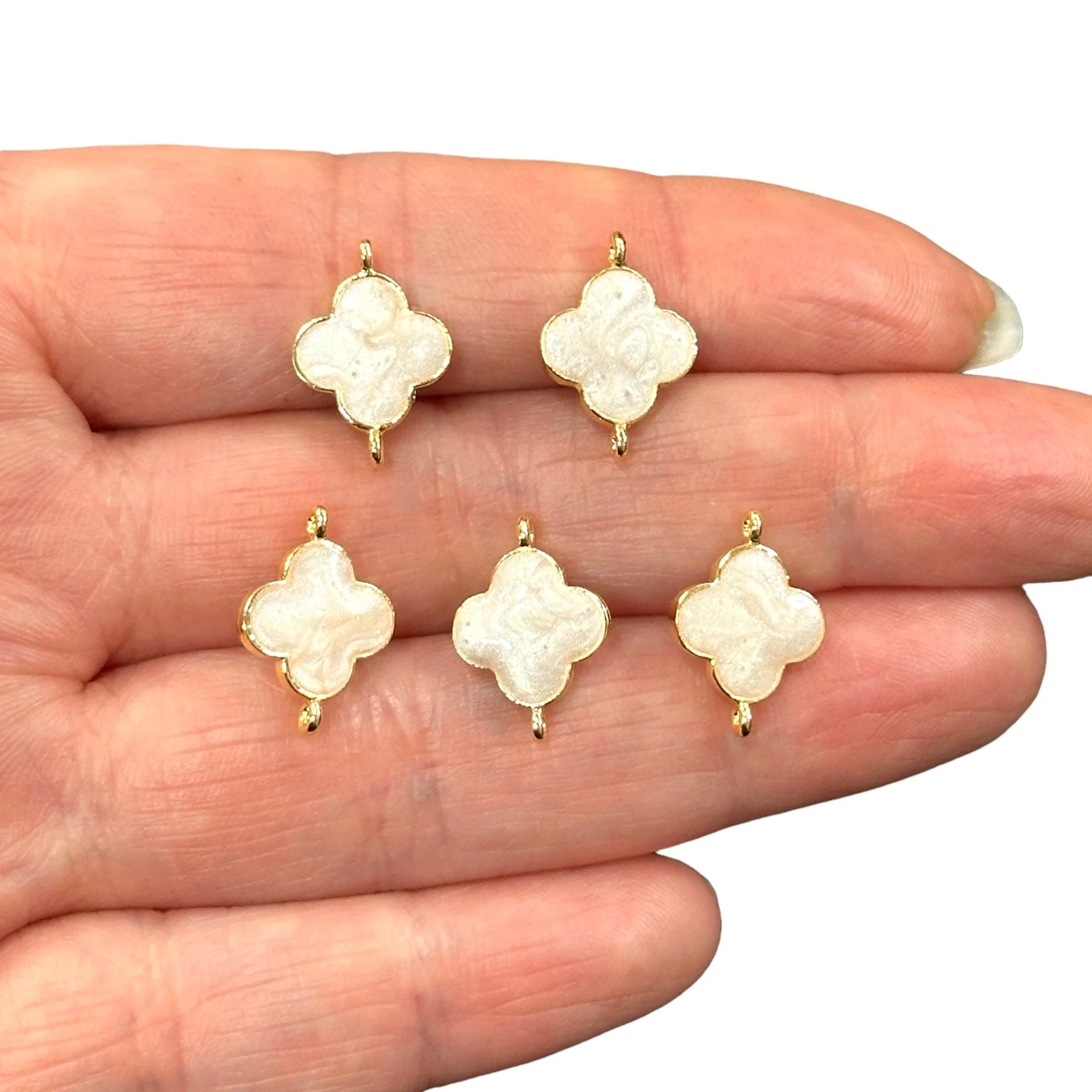 24Kt Gold Plated Ivory Enamelled Clover Connector Double Loop Charms, 5 pcs in a Pack