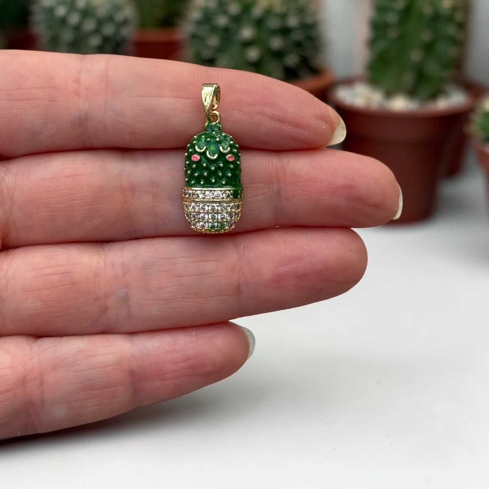 24Kt Gold Plated Kawaii Cactus Pendant – Green Enamel & CZ Smiling Succulent Charm, 26x11mm