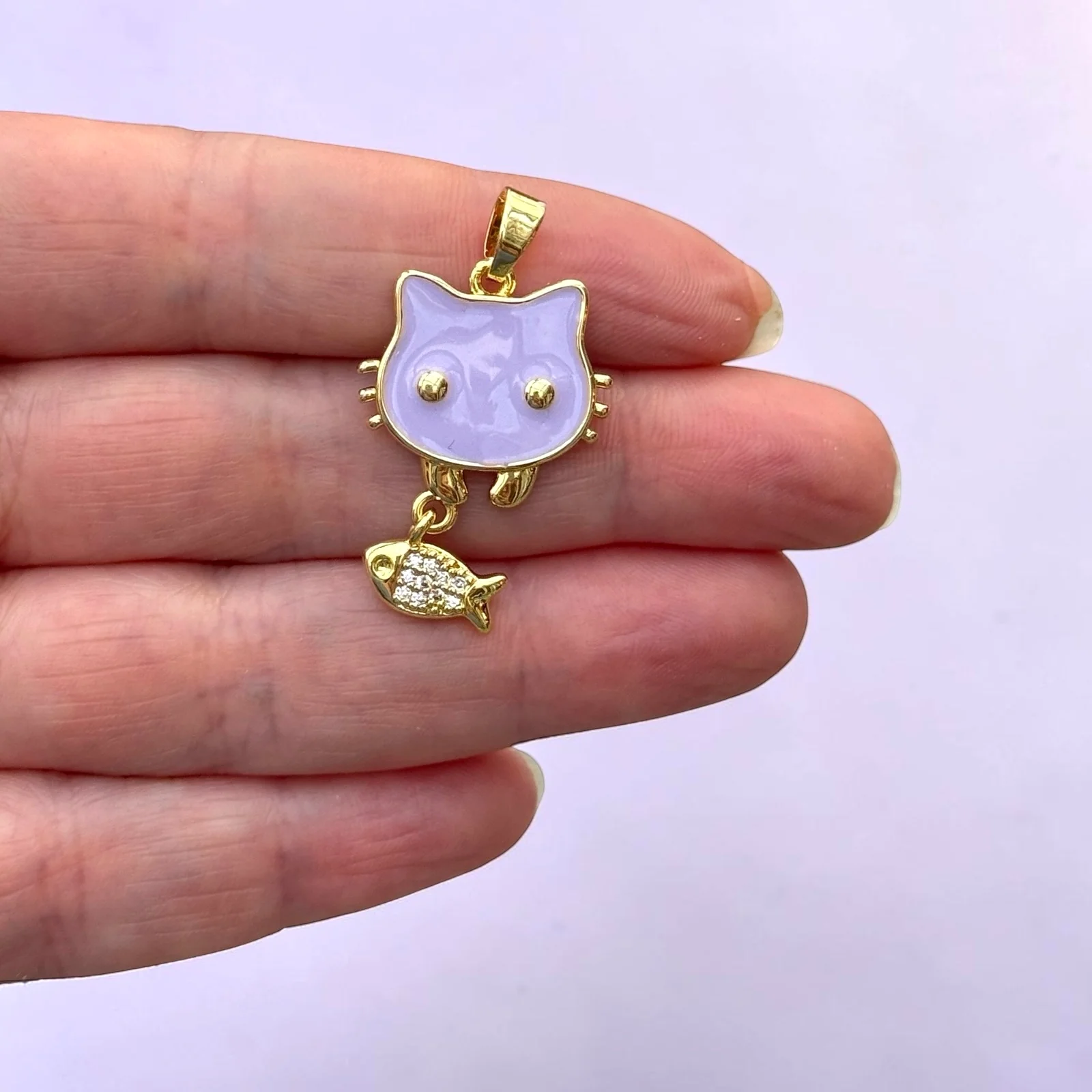 24Kt Gold Plated Lavender Enamel Cat & CZ Fish Pendant – Cute Cat Charm with Fish Dangle, 35x21mm