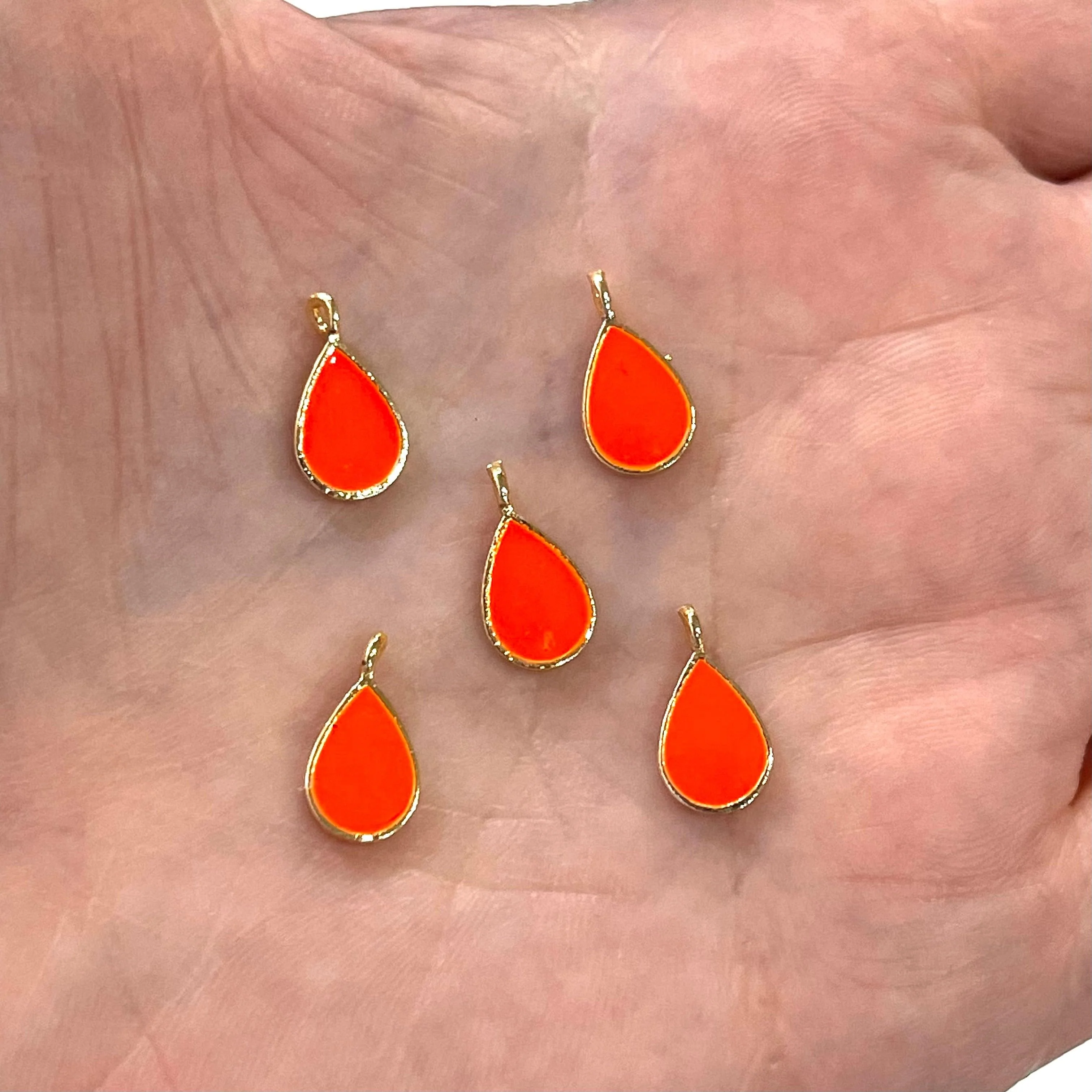 24Kt Gold Plated Neon Orange Enamelled Drop Charms, 5 pcs in a Pack