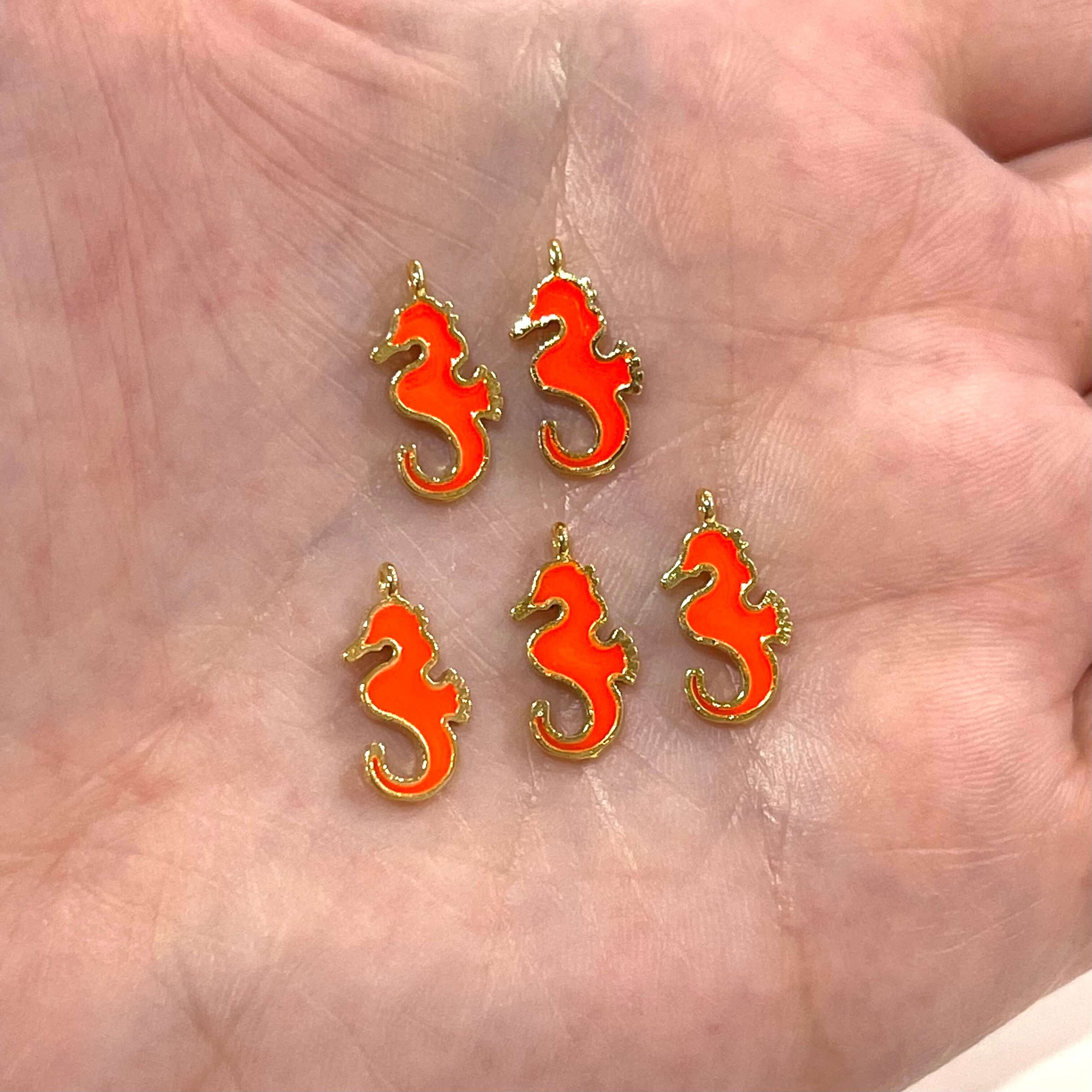 24Kt Gold Plated Neon Orange Enamelled Sea Horse Charms, 5 pcs in a Pack
