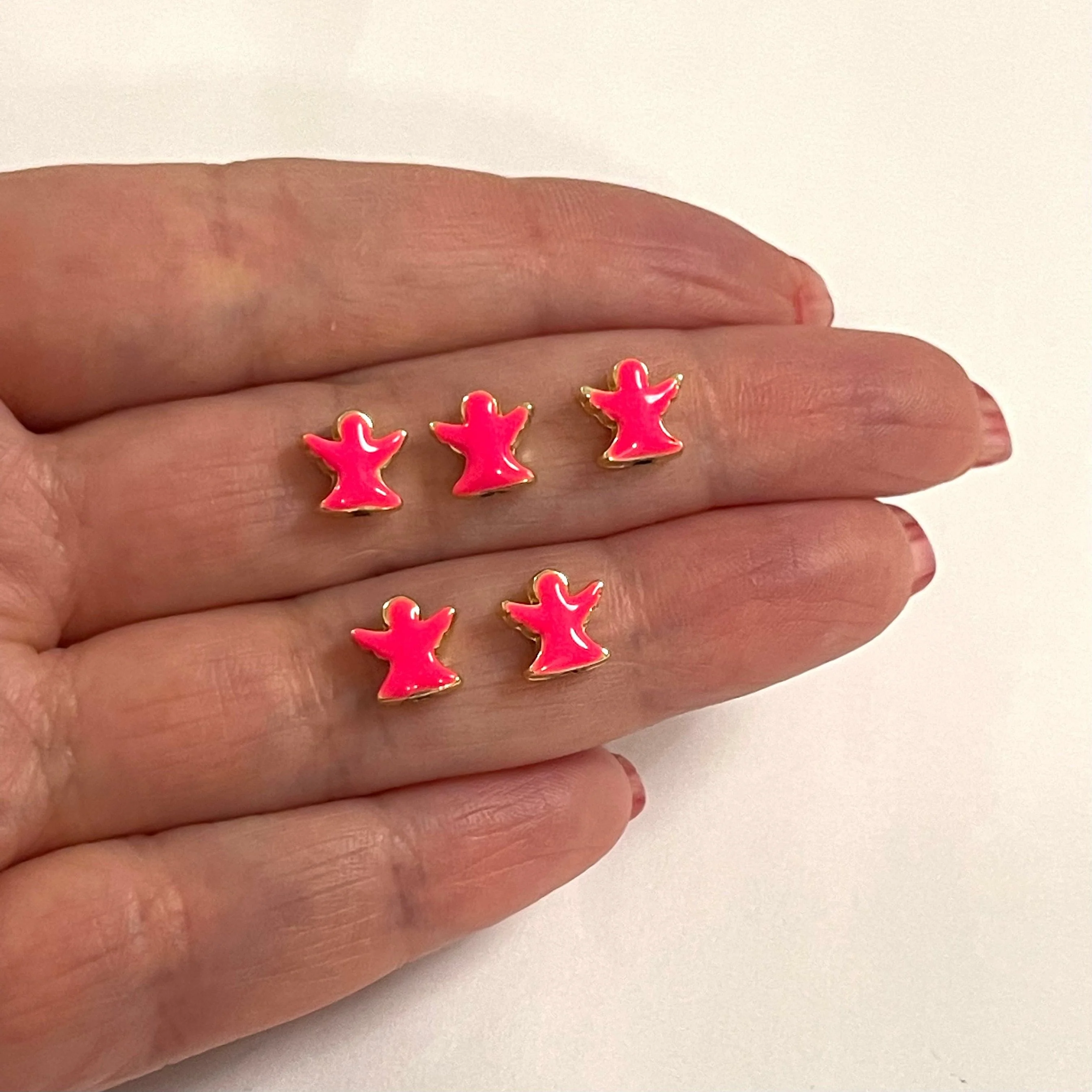 24Kt Gold Plated Neon Pink Enamelled Angel Spacer Charms, 5 Pcs in a Pack