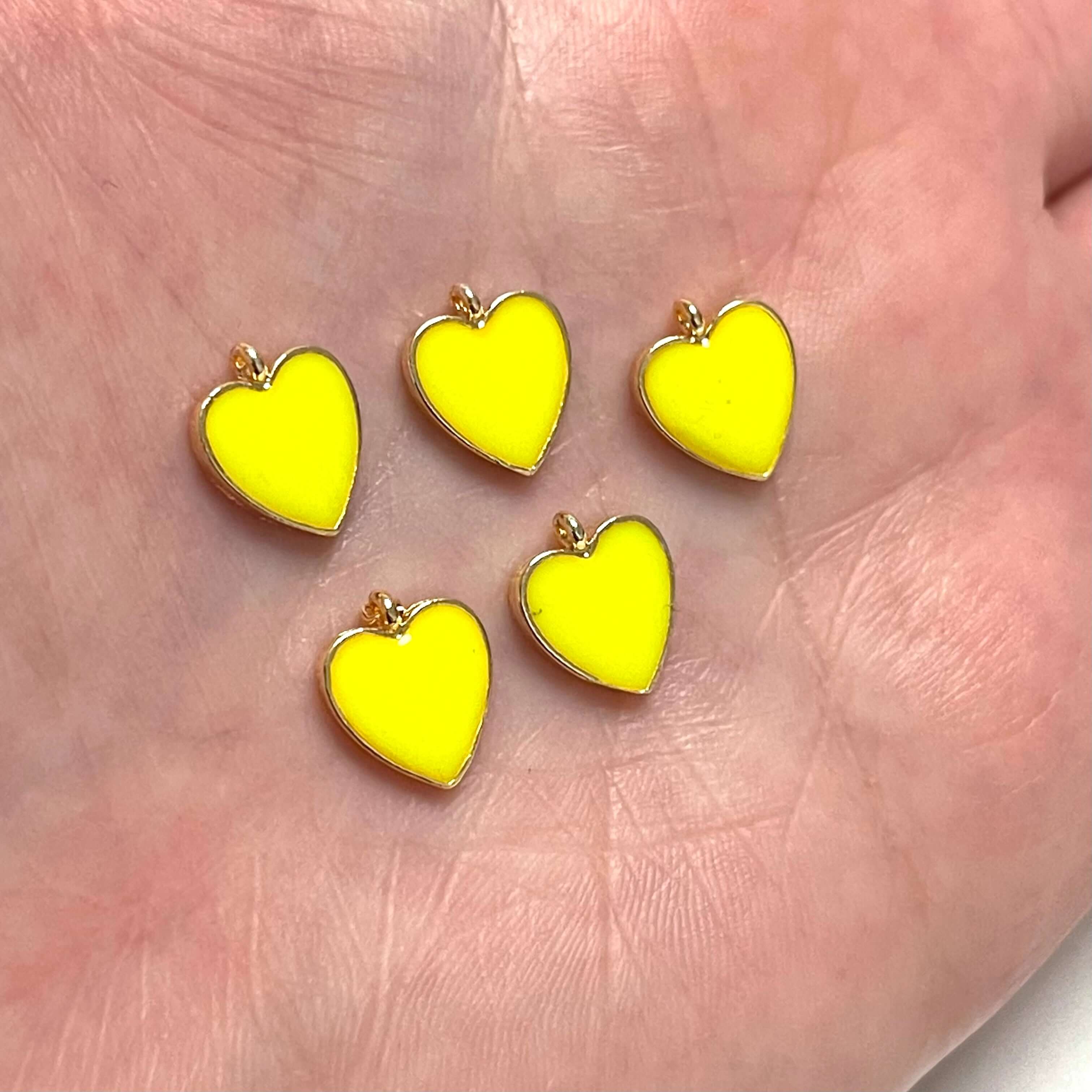 24Kt Gold Plated Neon Yellow Enamelled Heart Charms, 5 pcs in a Pack