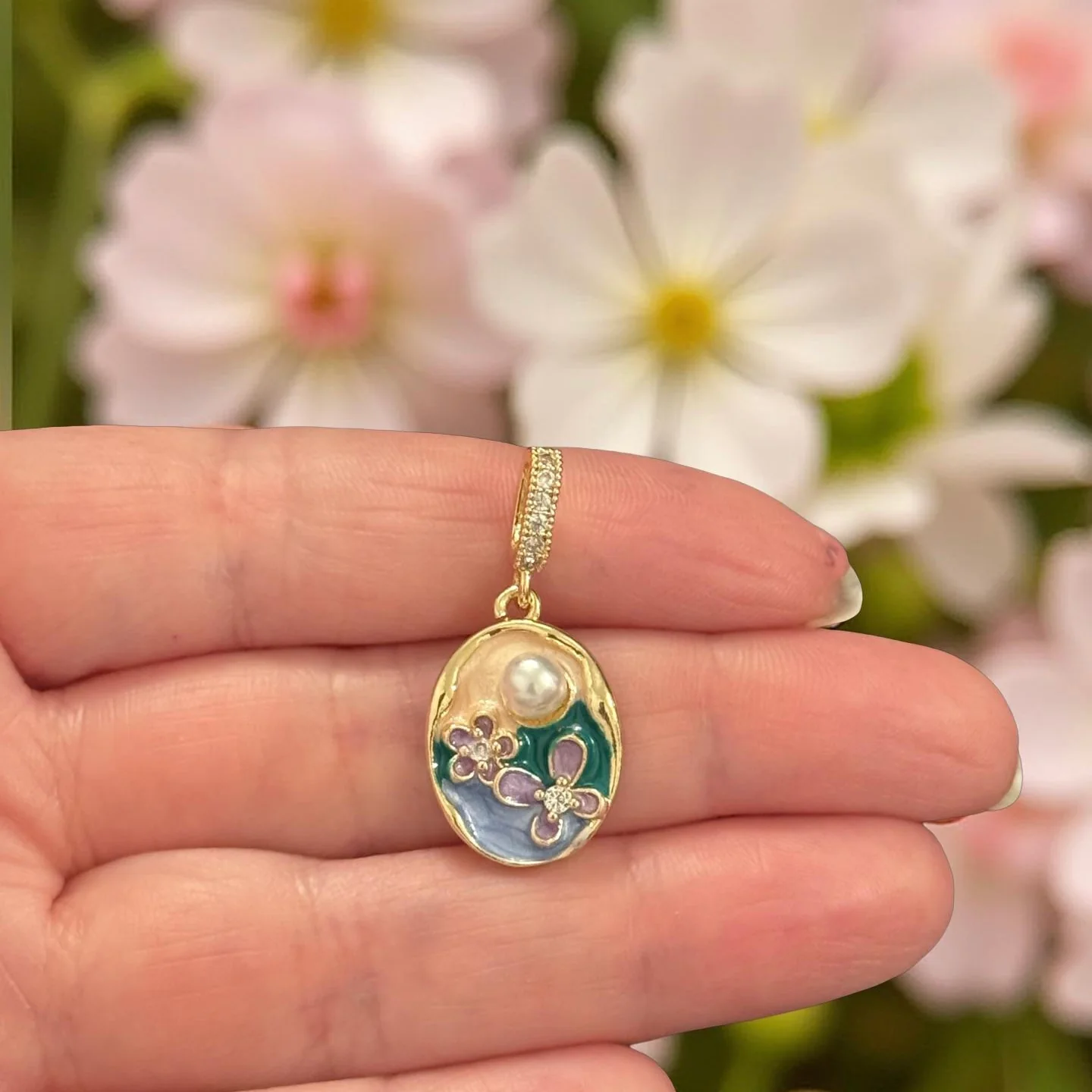 24Kt Gold Plated Oval Floral Enamel Pendant with Pearl & CZ Details