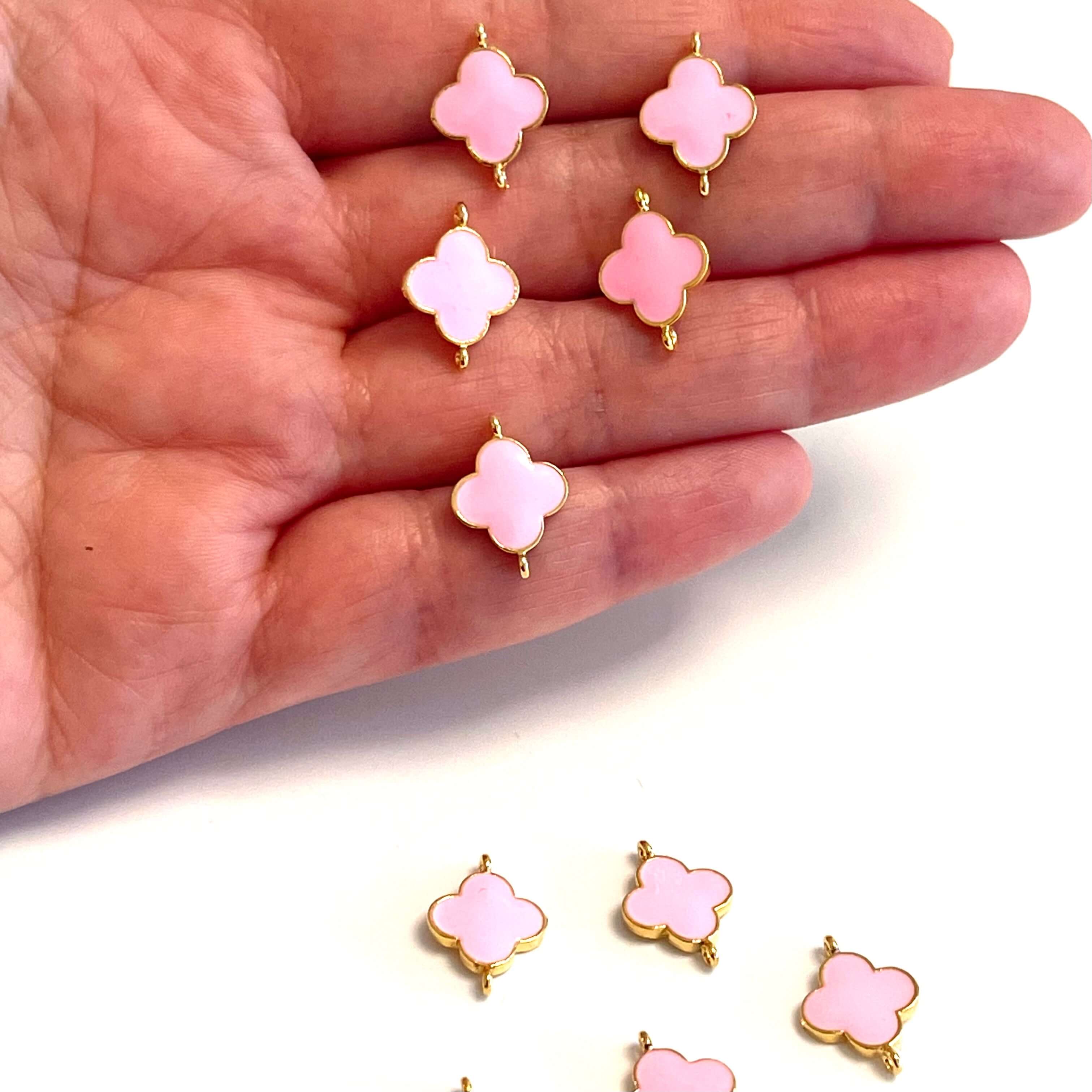 24Kt Gold Plated Pink Enamelled Clover Connector Double Loop Charms, 5 pcs in a Pack