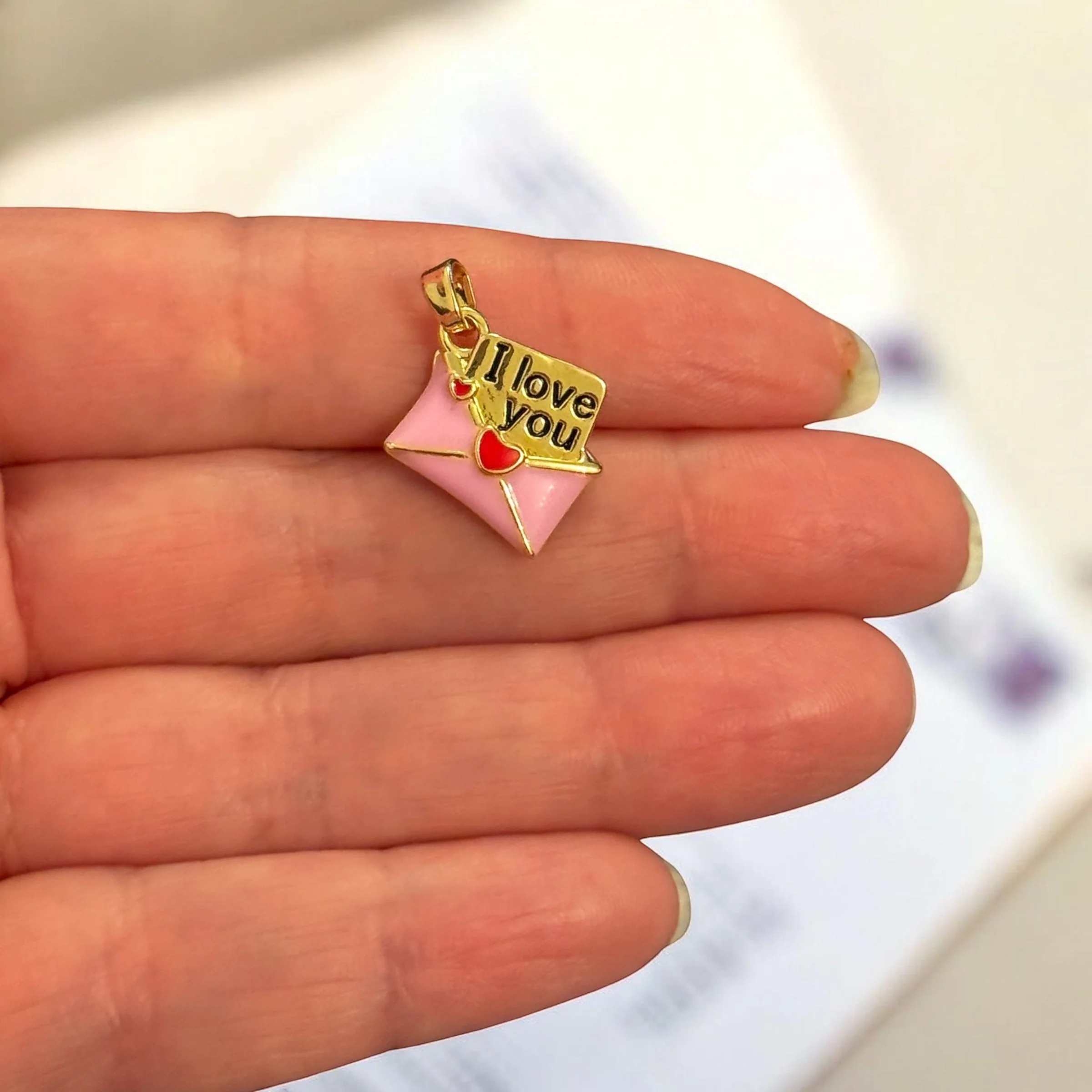 24Kt Gold Plated Pink “I Love You” Envelope Charm – Enamel Love Letter Pendant