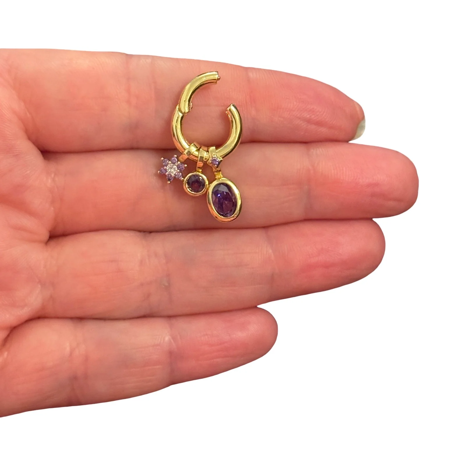 24Kt Gold Plated Purple CZ Dangle Hoop Charm – Amethyst Crystal & Star Flower Charms, 23x14mm