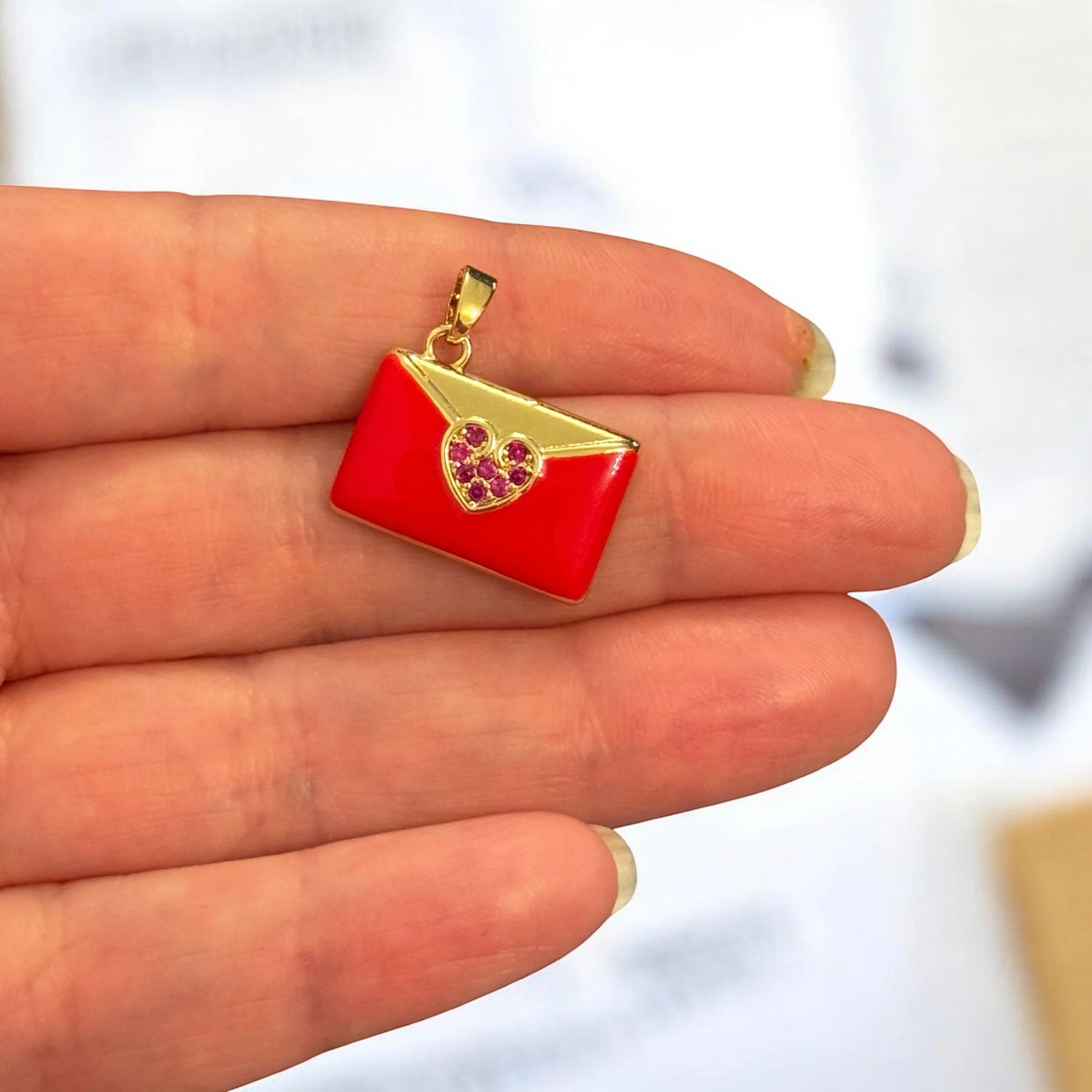 24Kt Gold Plated Red Enamel Love Letter Charm with CZ Heart