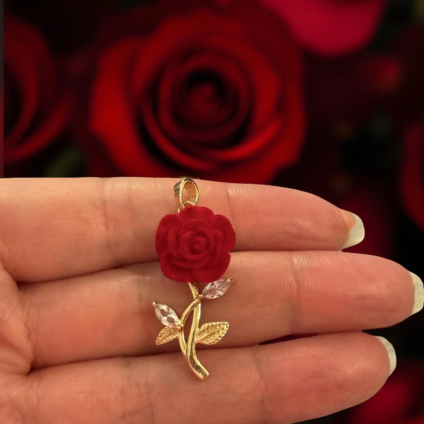 24Kt Gold Plated Rose Flower Charm with Crystal Leaves – Statement Floral Pendant