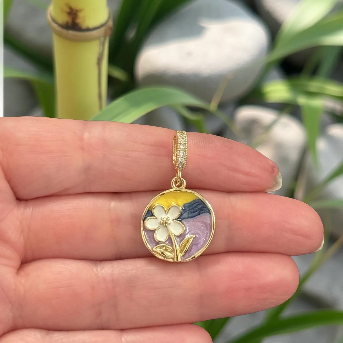 24Kt Gold Plated Round Floral Enamel Pendant with CZ & Pavé Bail