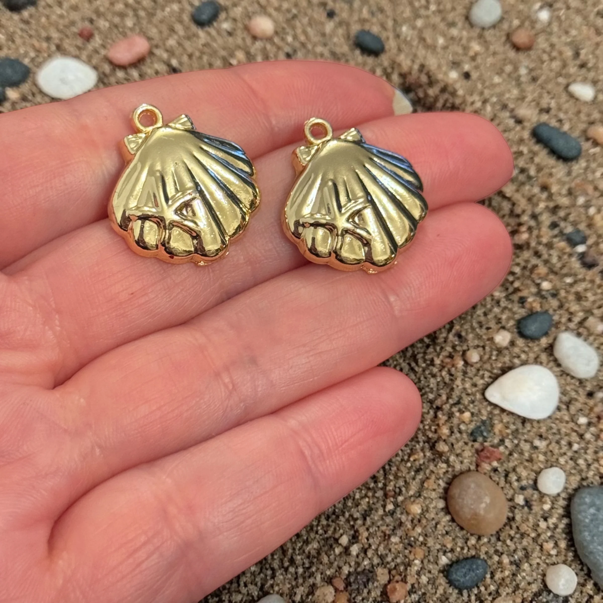 24Kt Gold Plated Scallop Shell with Starfish Charms, Nautical Pendants, Earring Pair