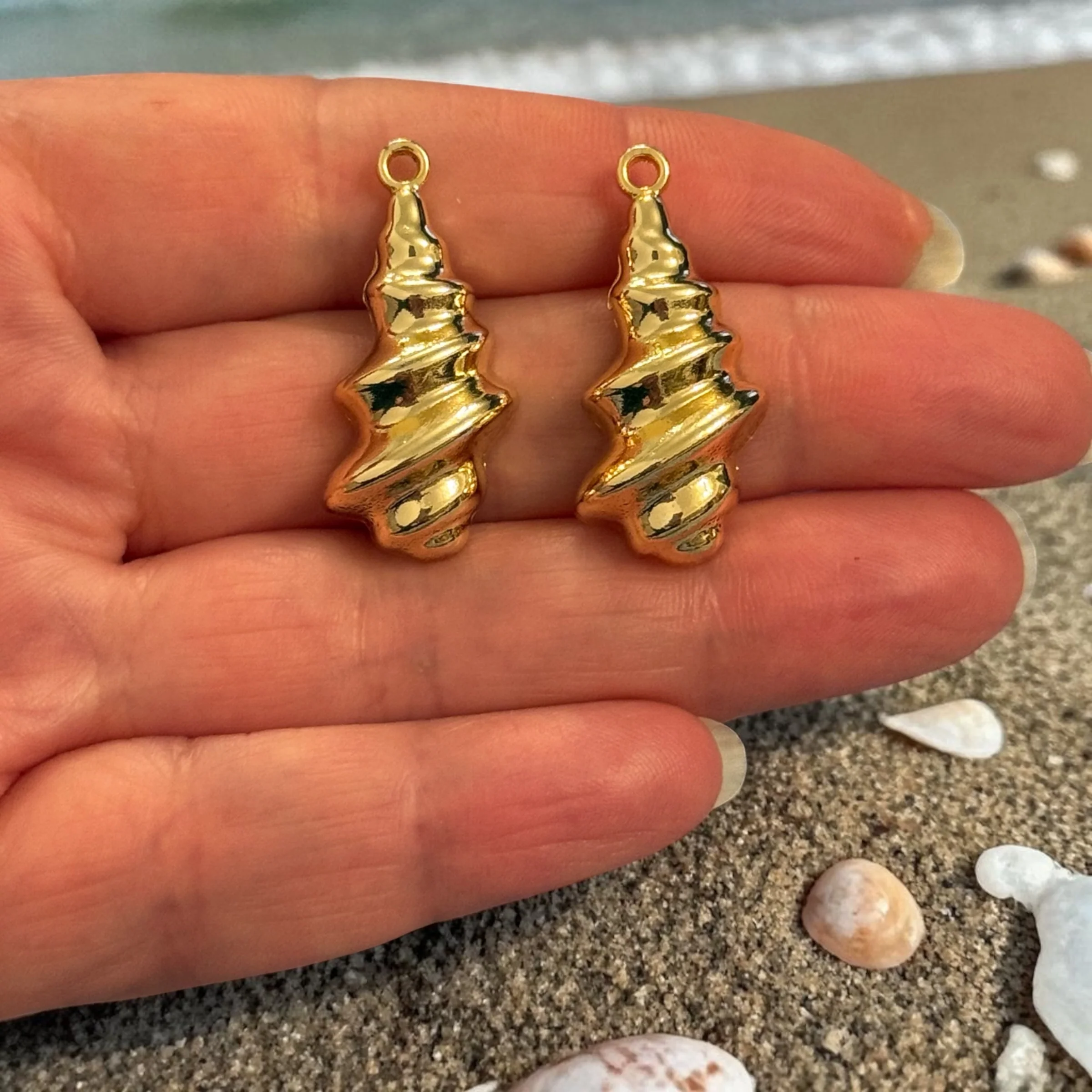 24Kt Gold Plated Spiral Shell Charms, Nautical Statement Pendants, Earring Pair