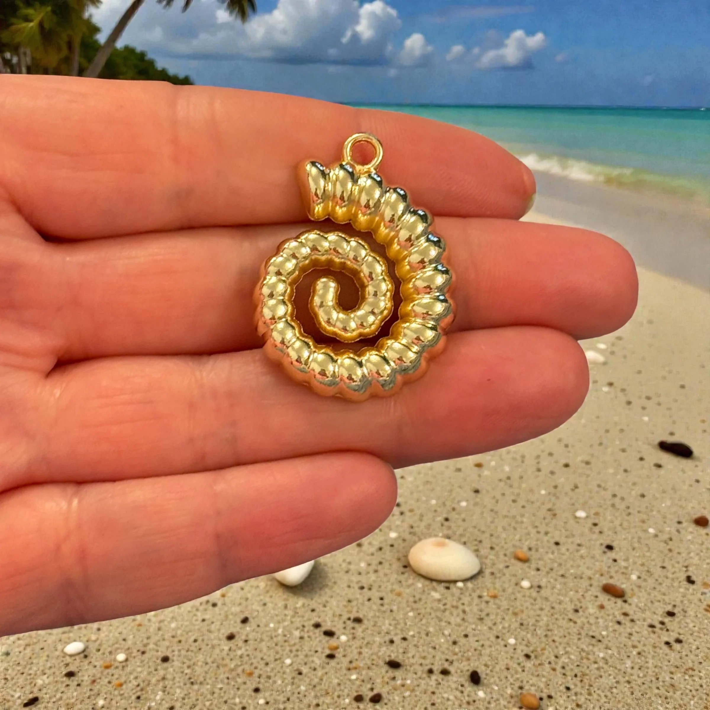 24Kt Gold Plated Spiral Shell Pendant, Ammonite Style Ocean Charm, Nautical Jewellery Charm