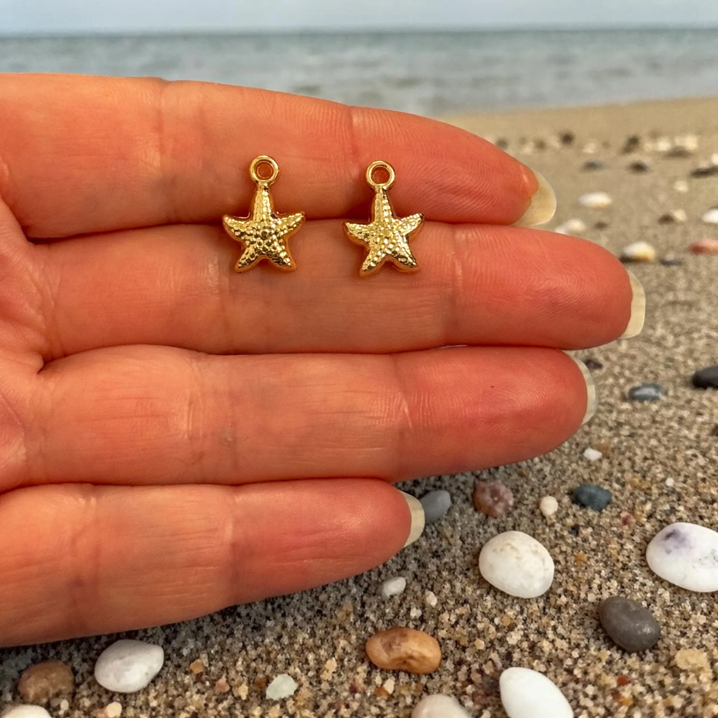 24Kt Gold Plated Starfish Charms, Tiny Nautical Pendants, Earring Pair