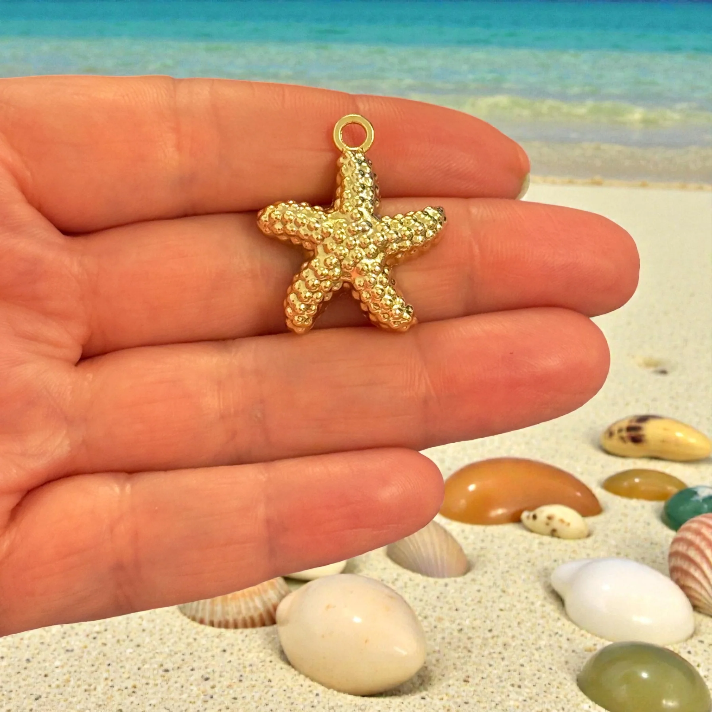 24Kt Gold Plated Starfish Pendant, Textured Nautical Sea Charm
