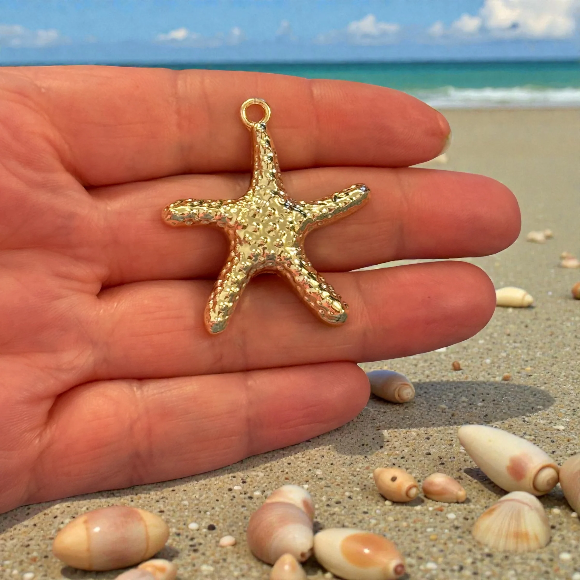 24Kt Gold Plated Starfish Pendant, Textured Ocean Charm, Nautical Jewellery Making Charm