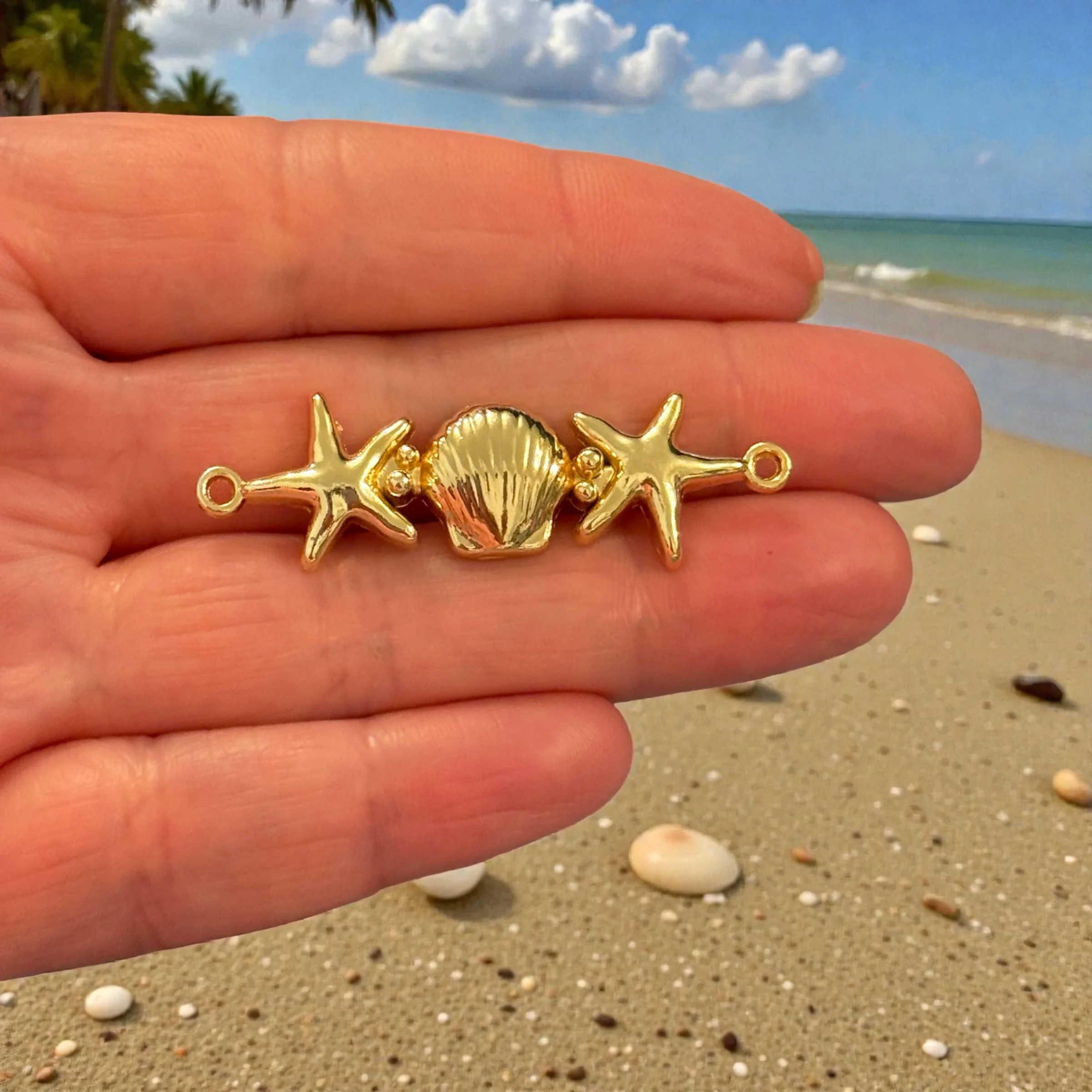 24Kt Gold Plated Starfish & Shell Connector Bar, Nautical Ocean Link Charm