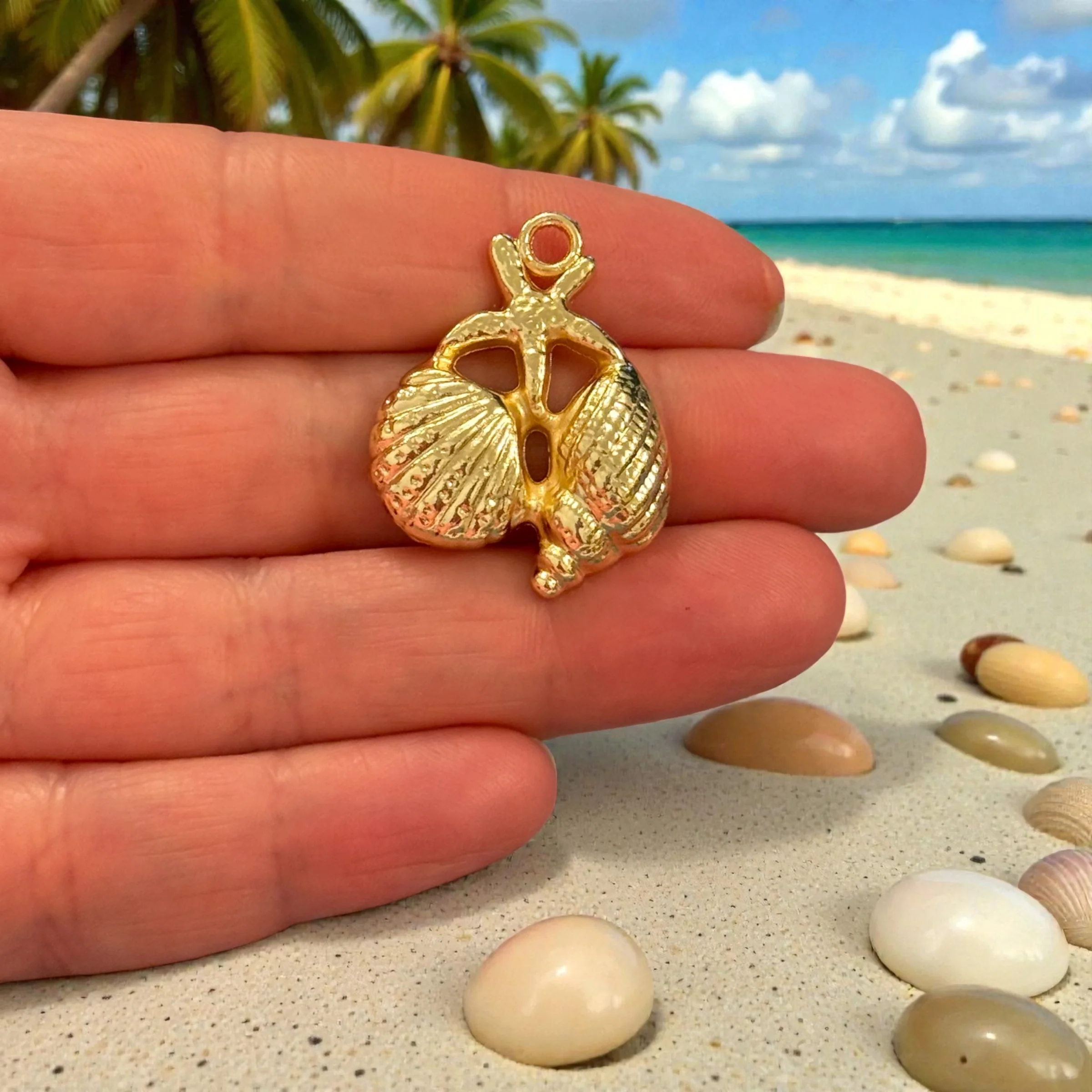 24Kt Gold Plated Starfish & Shell Pendant, Ocean Cluster Charm, Nautical Jewellery Charm