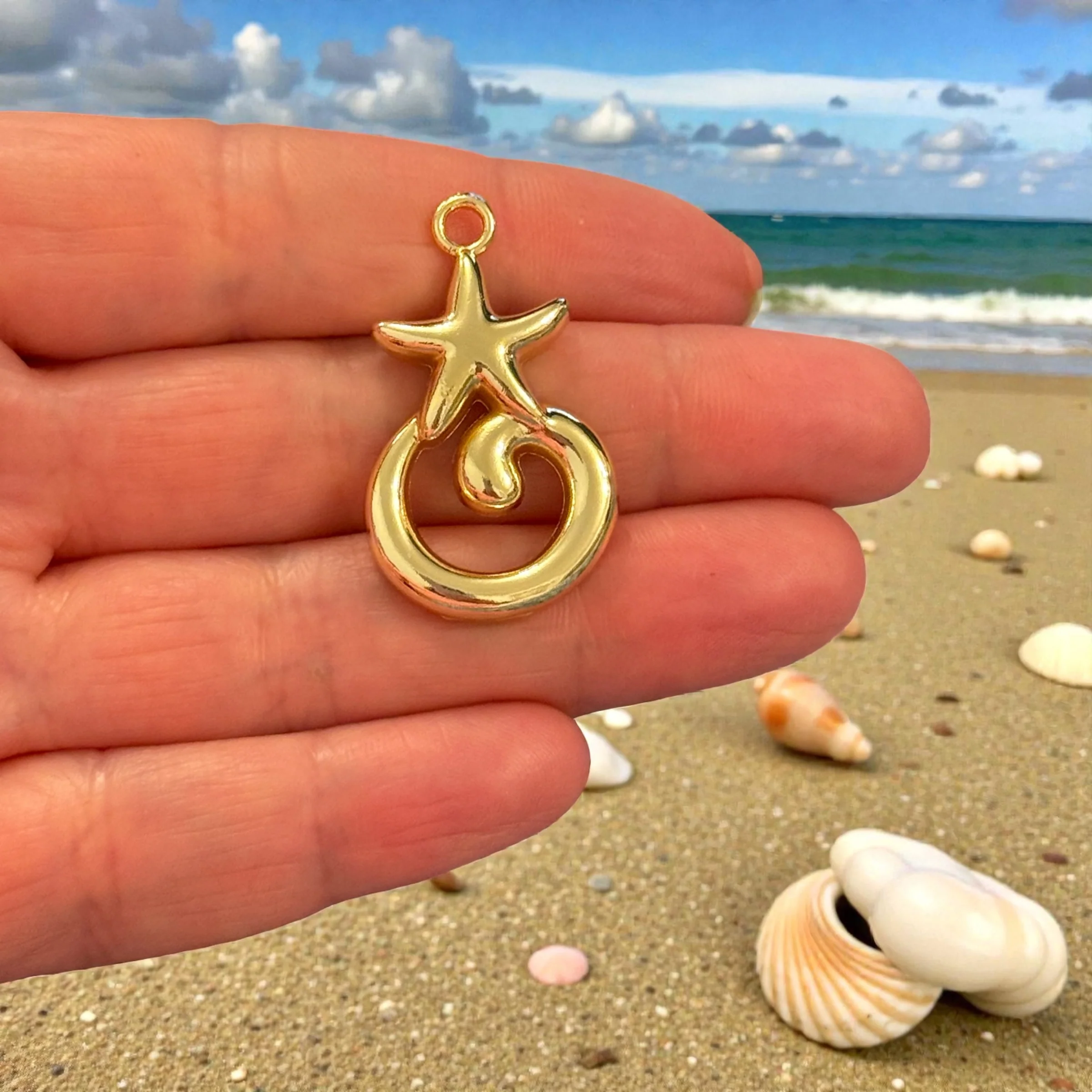 24Kt Gold Plated Starfish Wave Pendant, Ocean Swirl Charm, Nautical Jewellery Making Charm