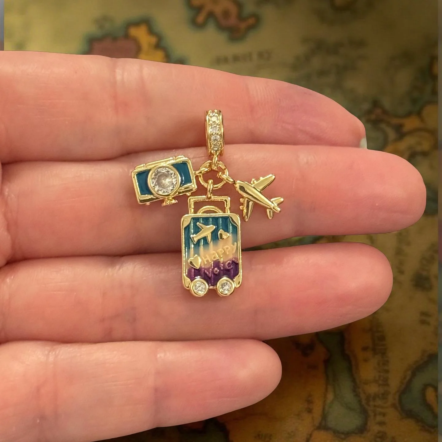 24Kt Gold Plated Travel Charm with CZ Accents – Suitcase, Camera & Airplane