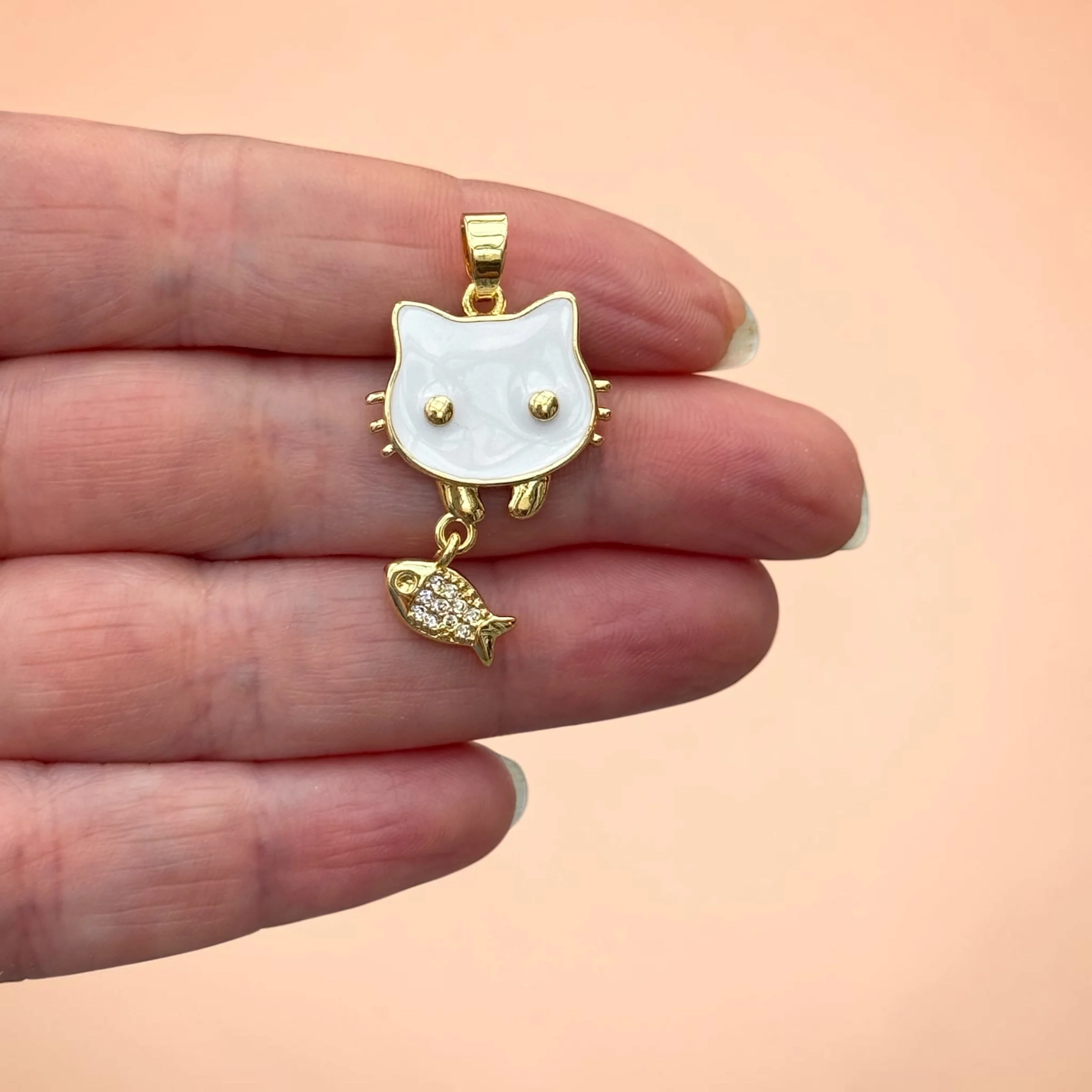 24Kt Gold Plated White Enamel Cat & CZ Fish Pendant – Cute Cat Charm with Fish Dangle, 35x21mm
