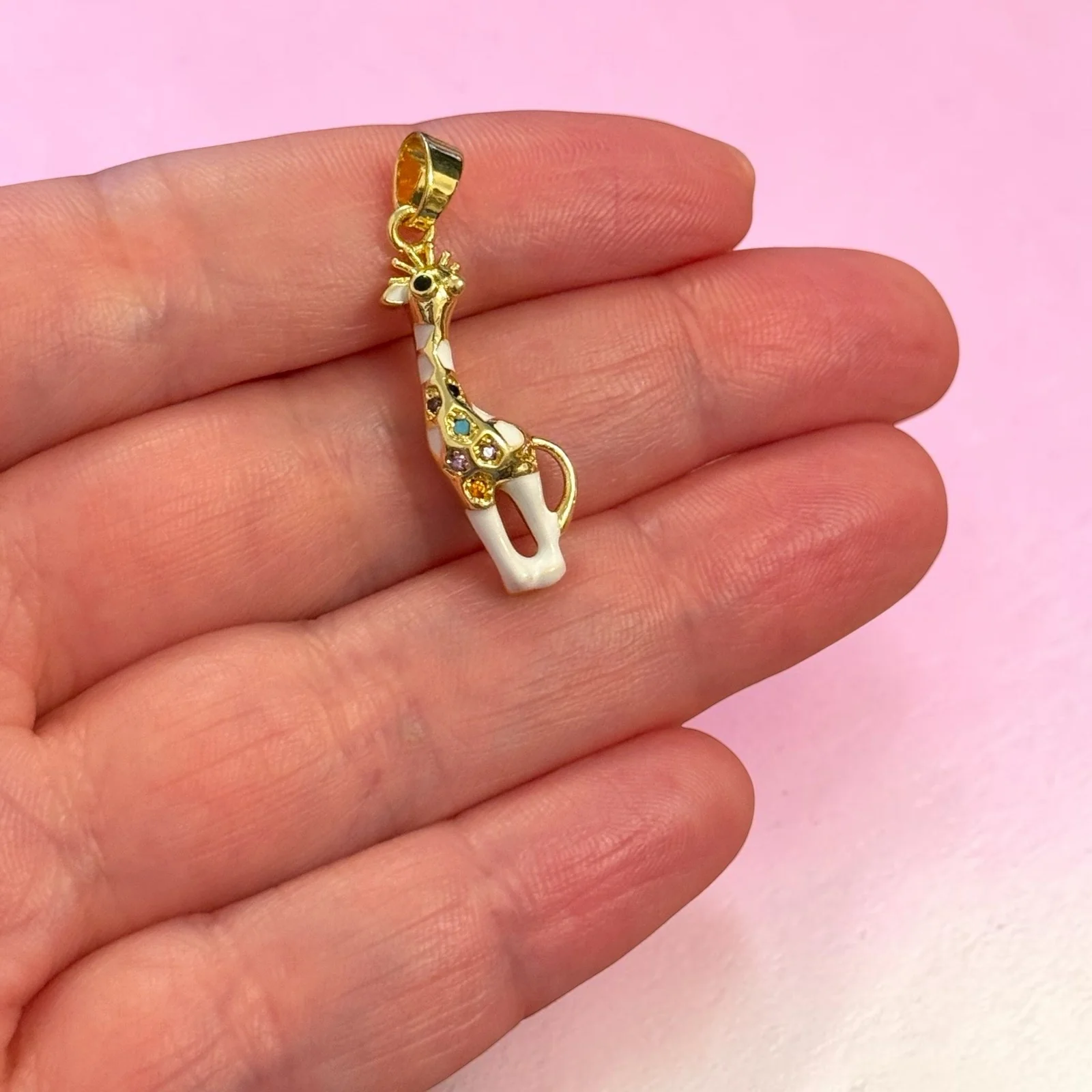 24Kt Gold Plated White Enamel Giraffe Pendant – CZ Animal Charm, Long Neck Giraffe Pendant, 33x8mm